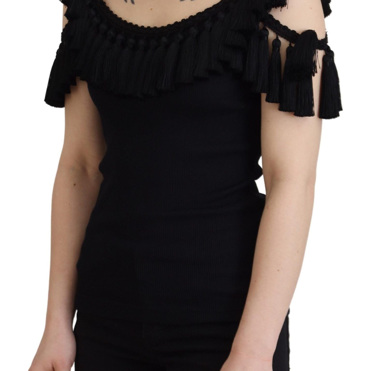 Dolce & Gabbana Black Tank Top Blouse Tassle Cotton Blouse