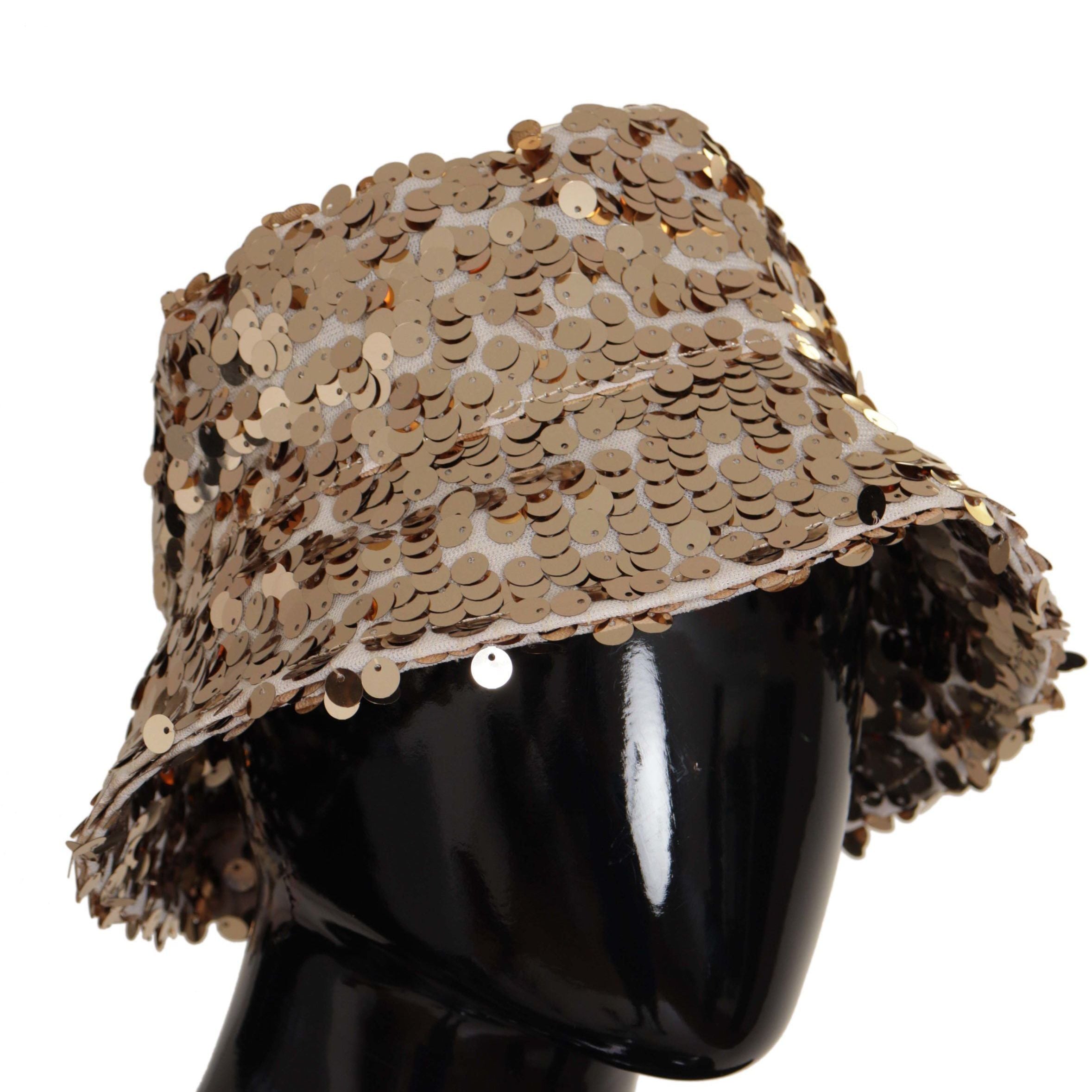 Dolce & Gabbana Gold Silk Sequin Embellished Designer Brim Bucket Hat