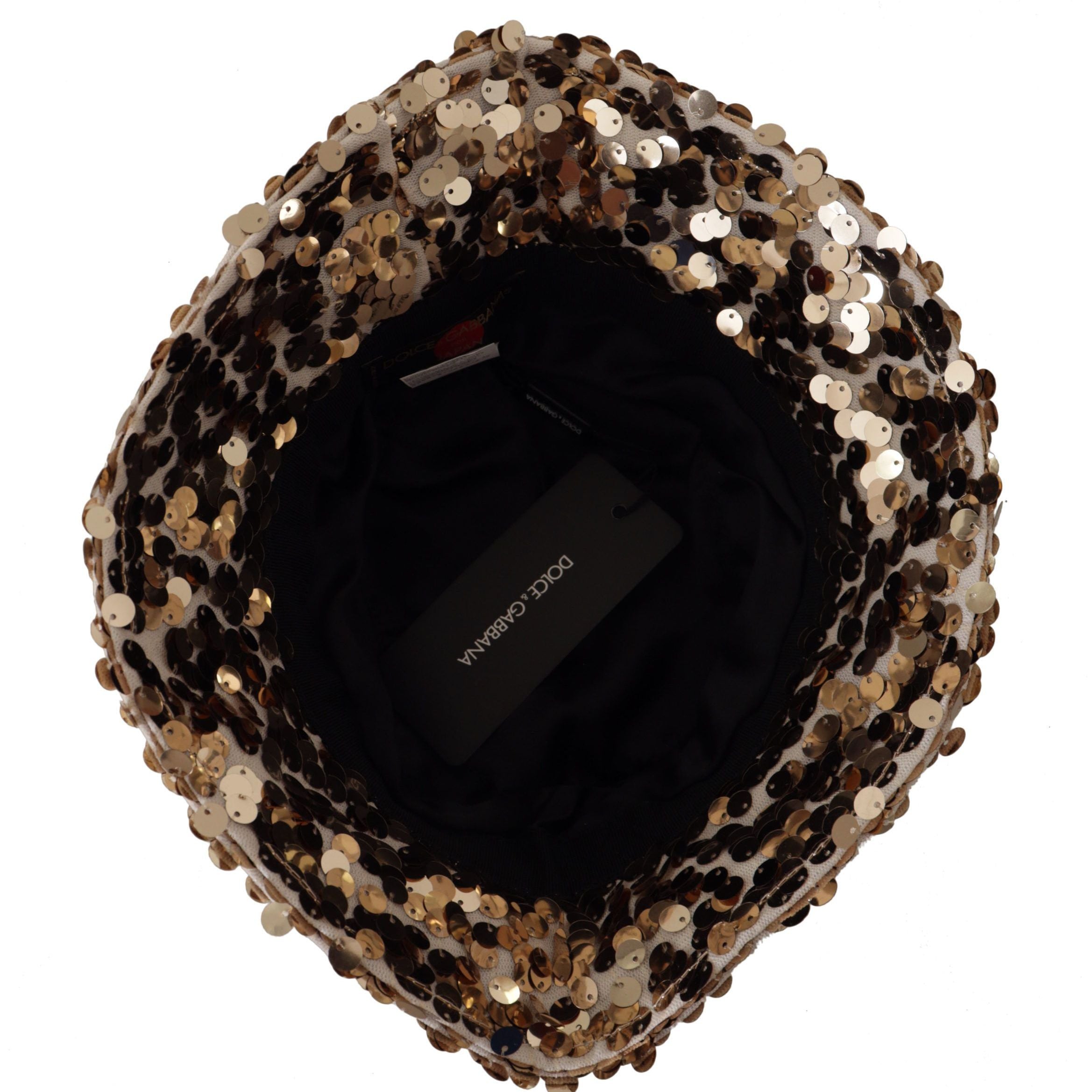 Dolce & Gabbana Gold Silk Sequin Embellished Designer Brim Bucket Hat