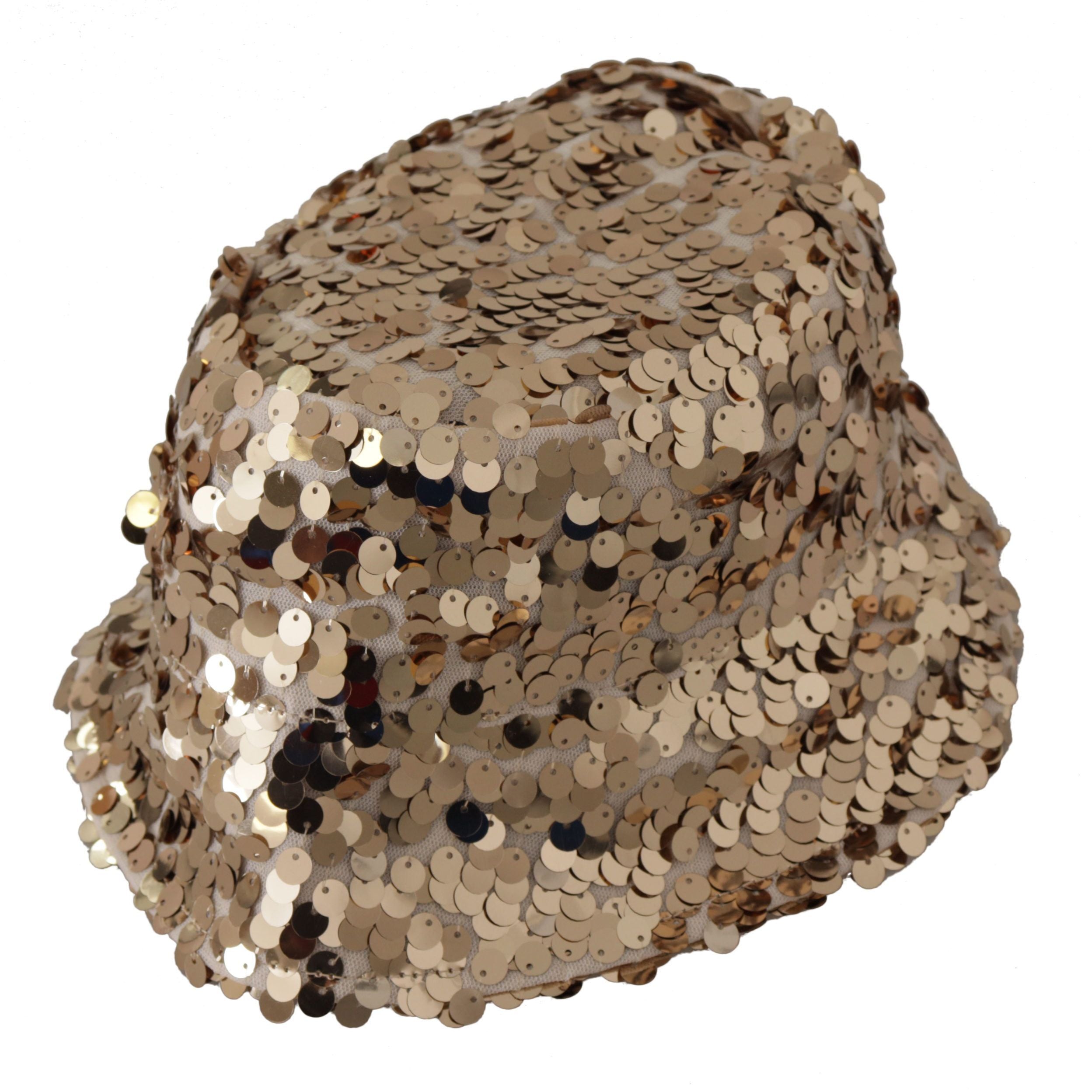 Dolce & Gabbana Gold Silk Sequin Embellished Designer Brim Bucket Hat