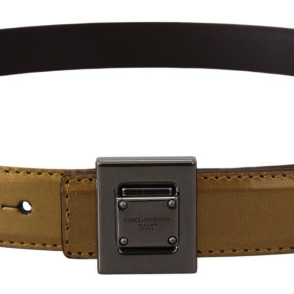 Dolce & Gabbana Gold Leather Silver Square Metal Buckle Belt