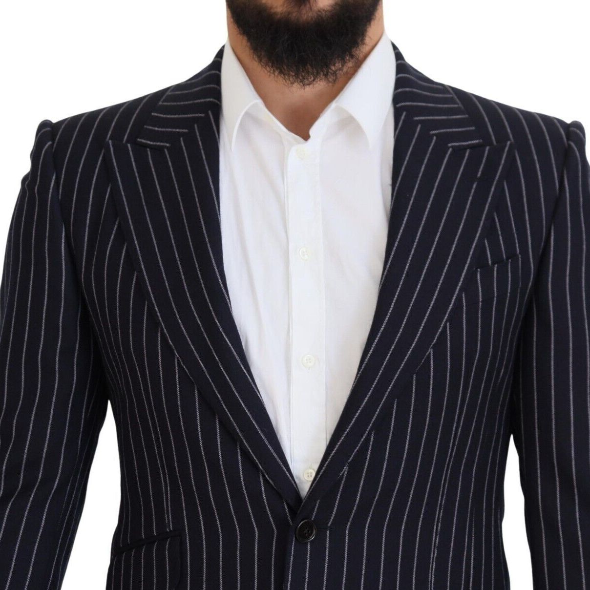 Dolce & Gabbana Dark Blue Stripe Wool Single Breasted Blazer