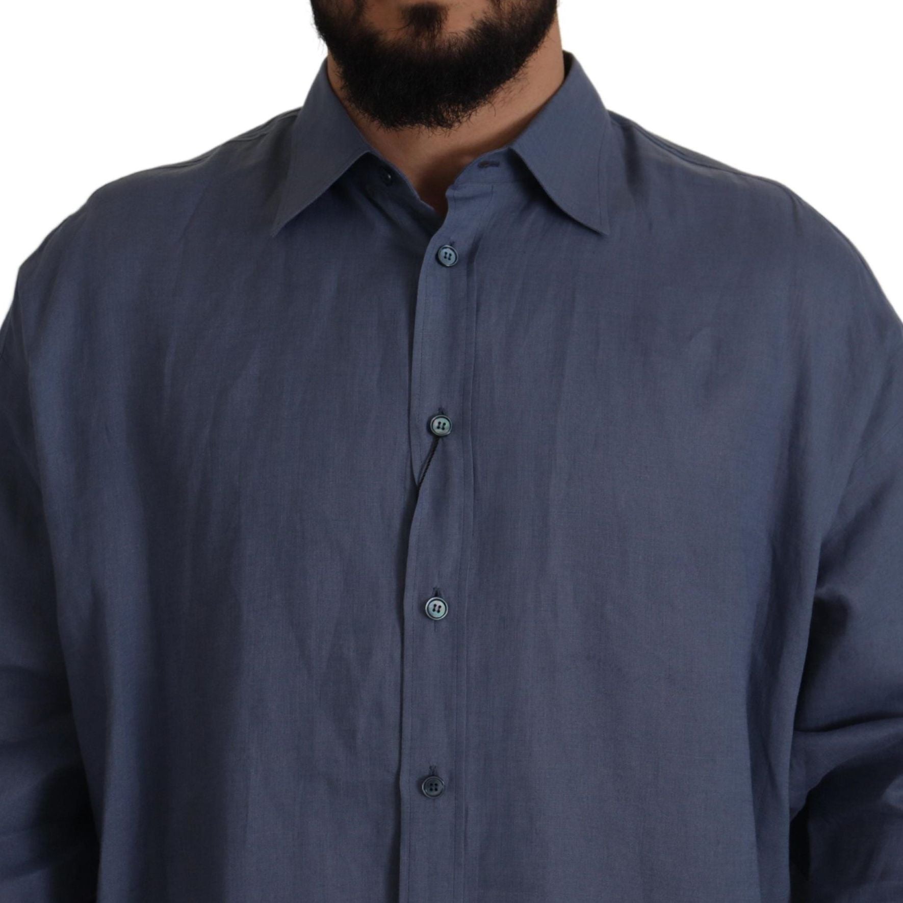Dolce & Gabbana Dark Blue Linen Slim Fit Dress Formal Men Shirt