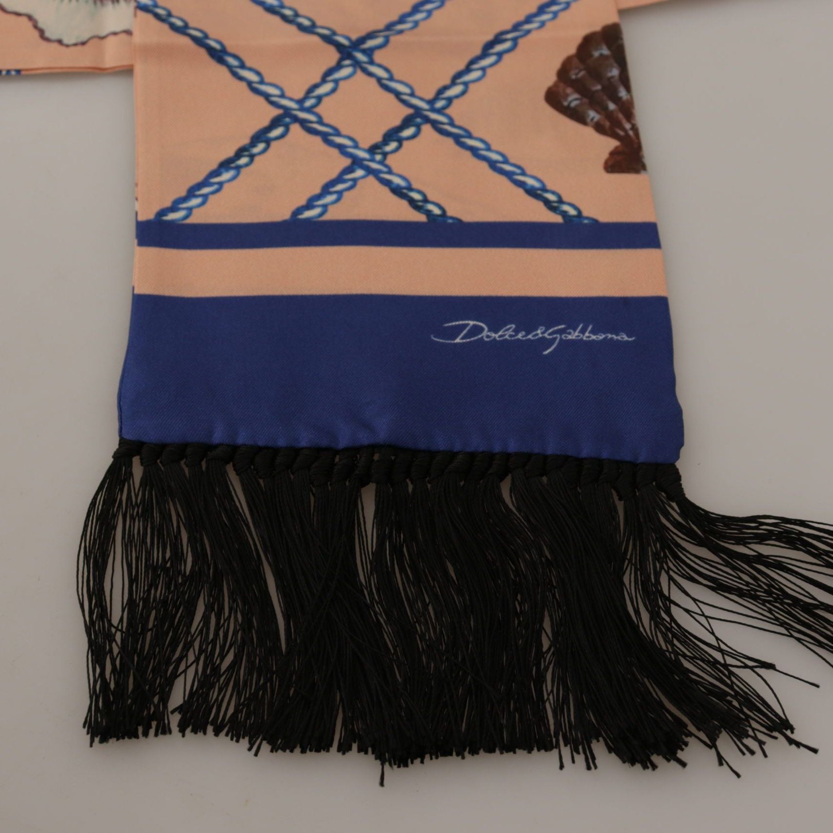 Dolce & Gabbana Multicolor Seashell Patterned DG Logo Shawl Fringe Silk Scarf