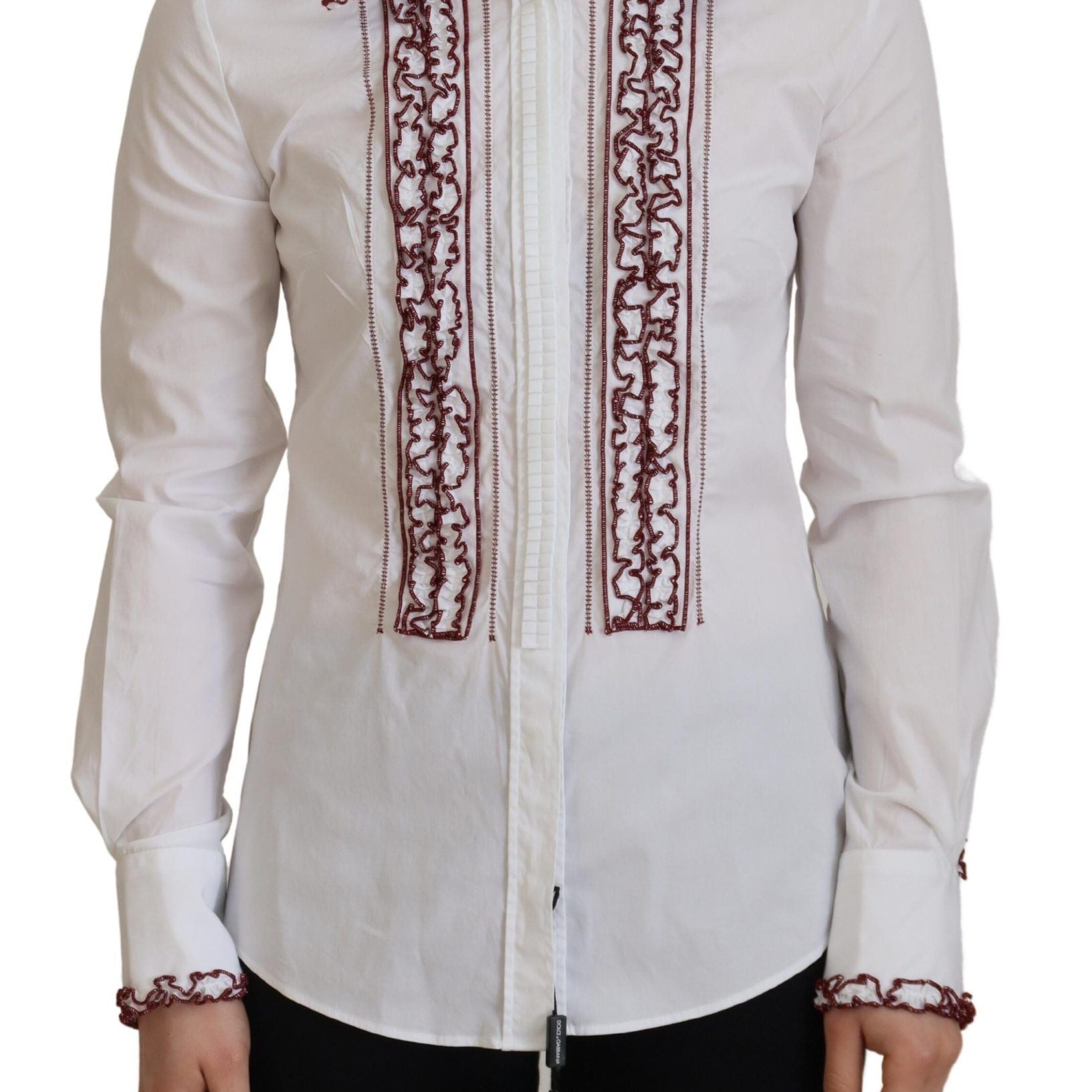 Dolce & Gabbana White Lace Long Sleeves Ruffle Collar Top