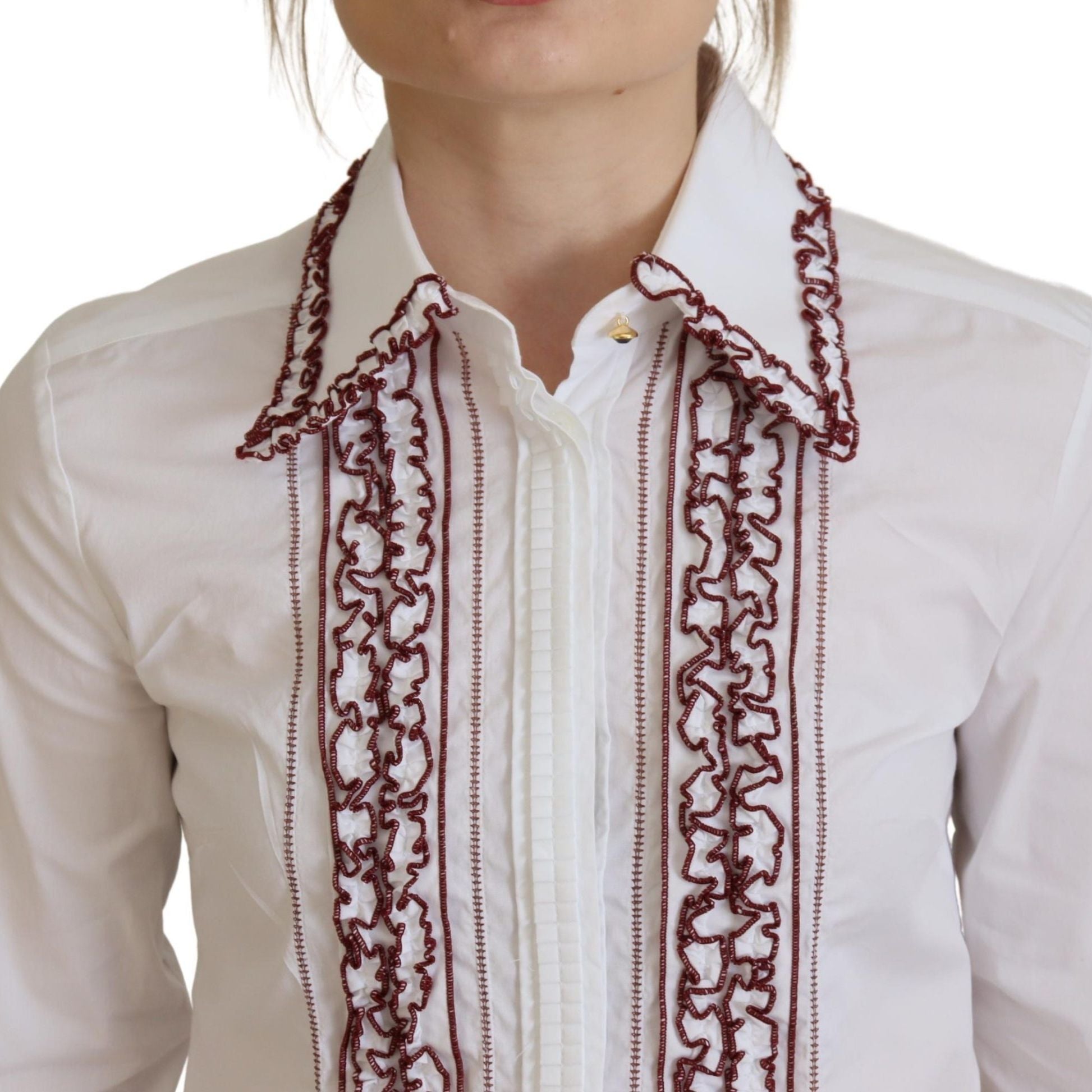 Dolce & Gabbana White Lace Long Sleeves Ruffle Collar Top