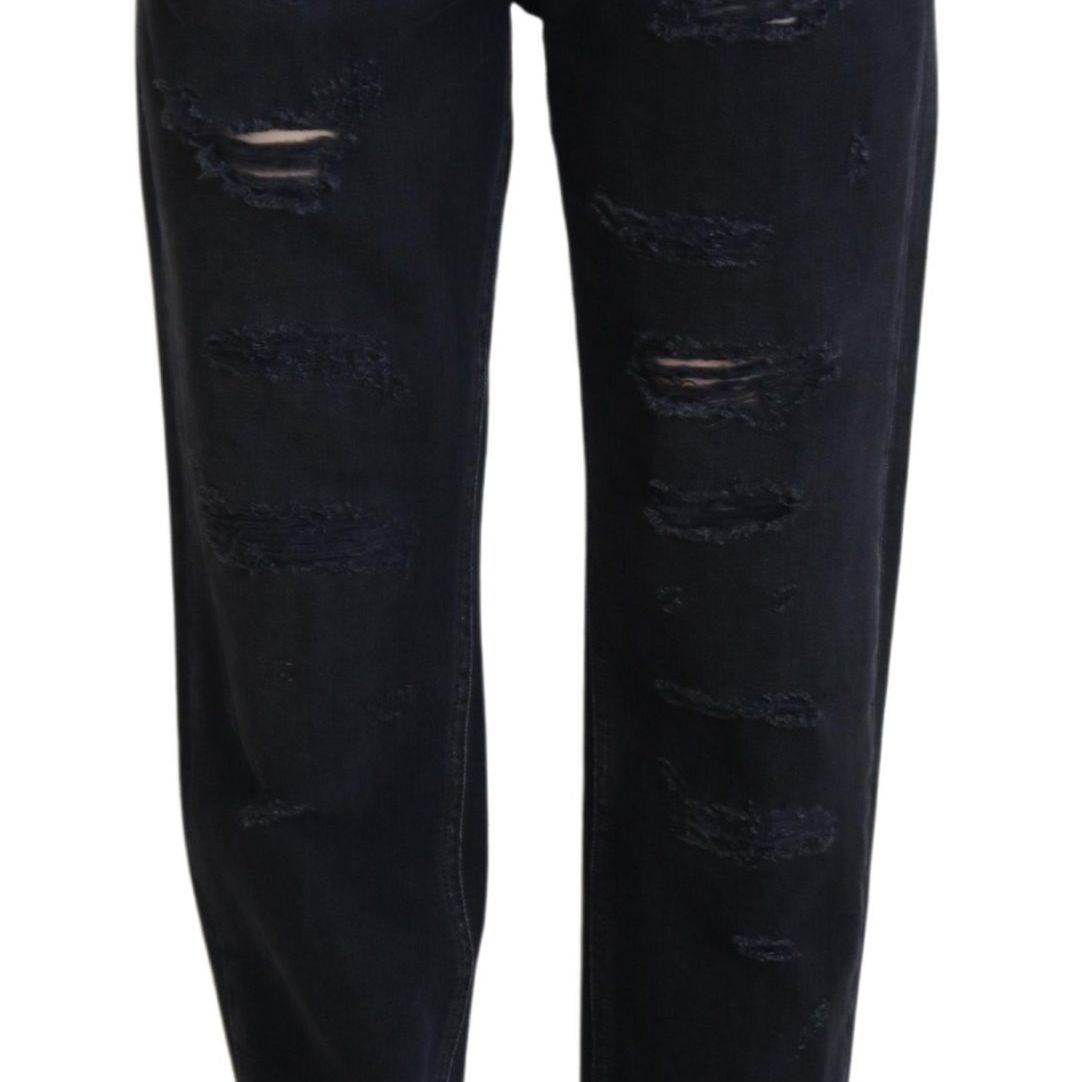 Dolce & Gabbana Black Cotton Tattered High Waist Denim Jeans