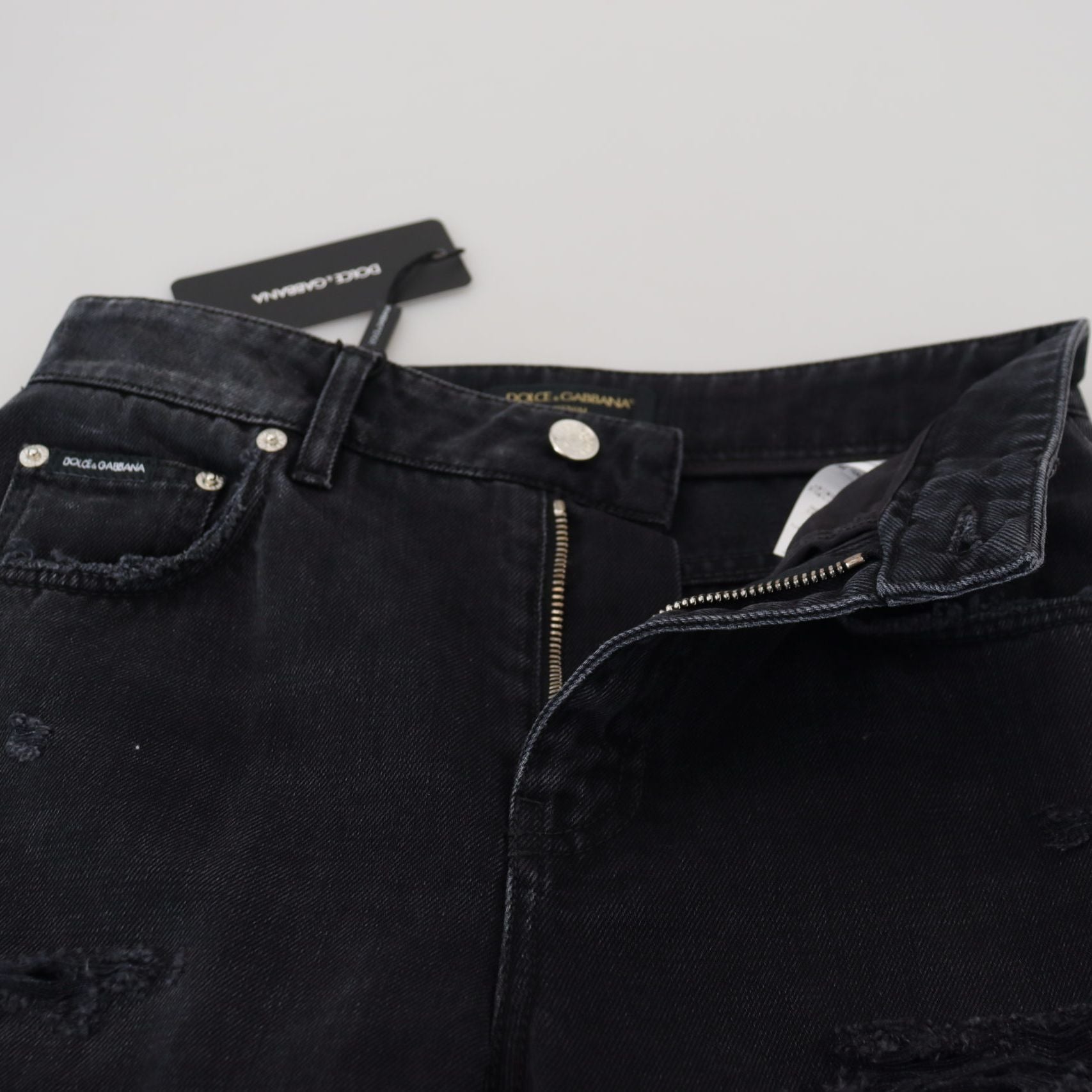 Dolce & Gabbana Black Cotton Tattered High Waist Denim Jeans