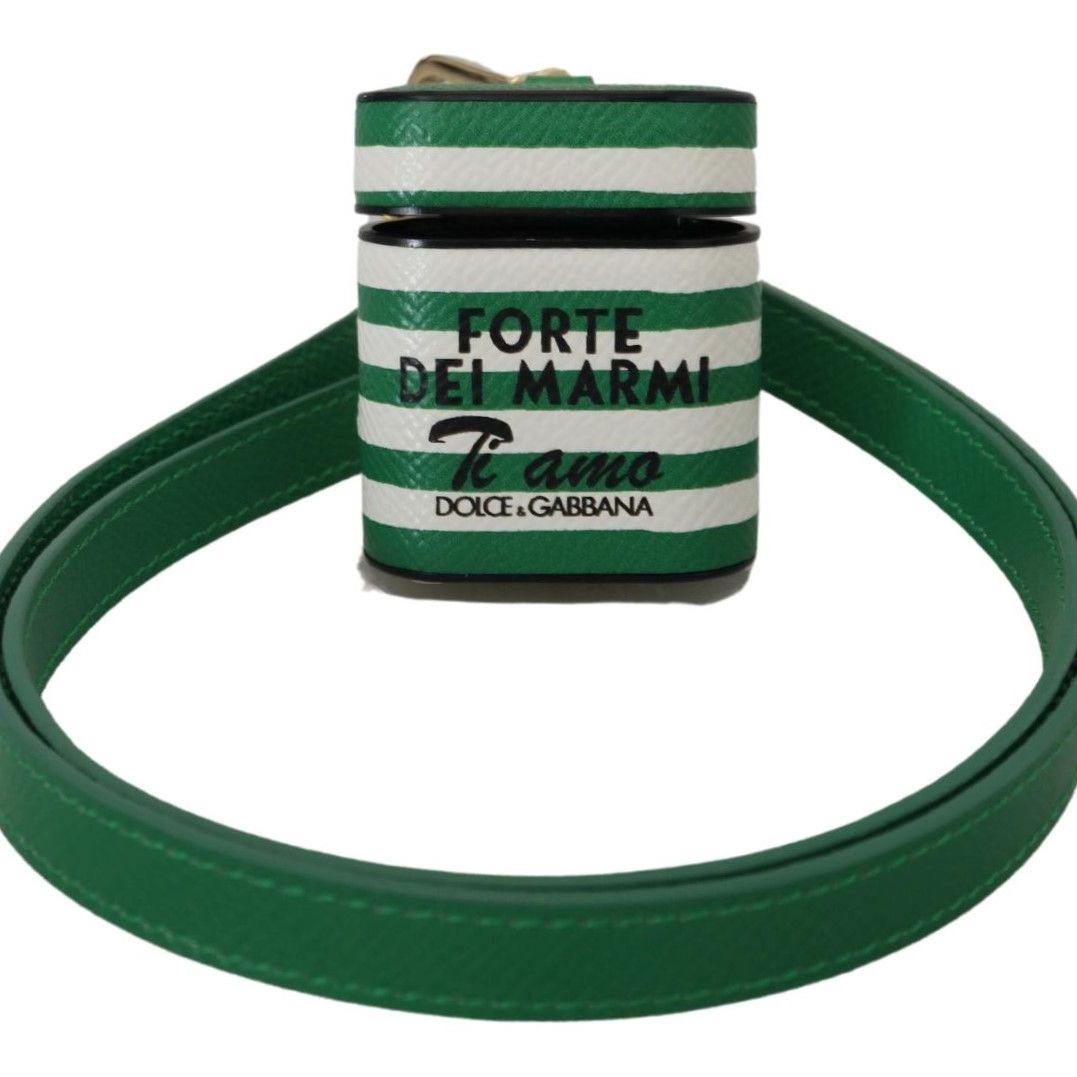 Dolce & Gabbana Green Leather Strap Gold Metal Logo Airpods Case