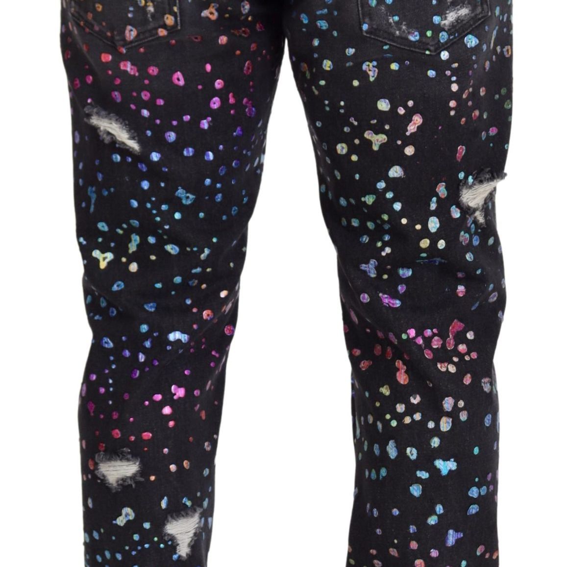 Dolce & Gabbana Black Multicolor Print Tattered Denim Jeans