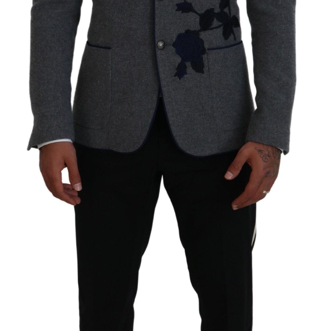 Dolce & Gabbana Gray Wool Roses Slim Fit Jacket Blazer