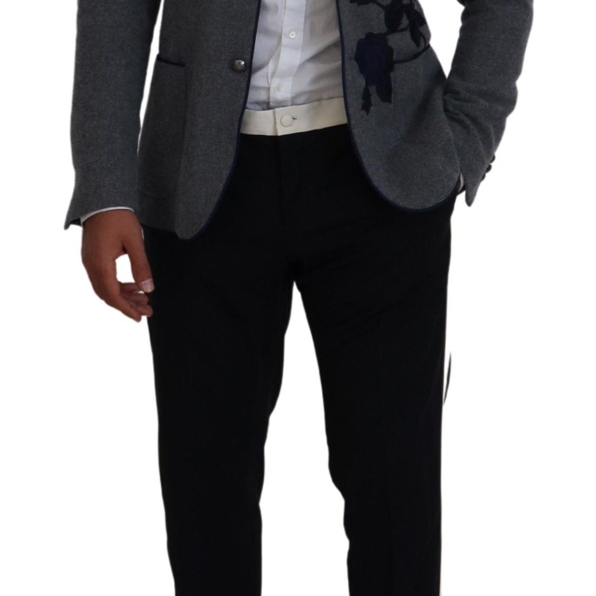 Dolce & Gabbana Gray Wool Roses Slim Fit Jacket Blazer