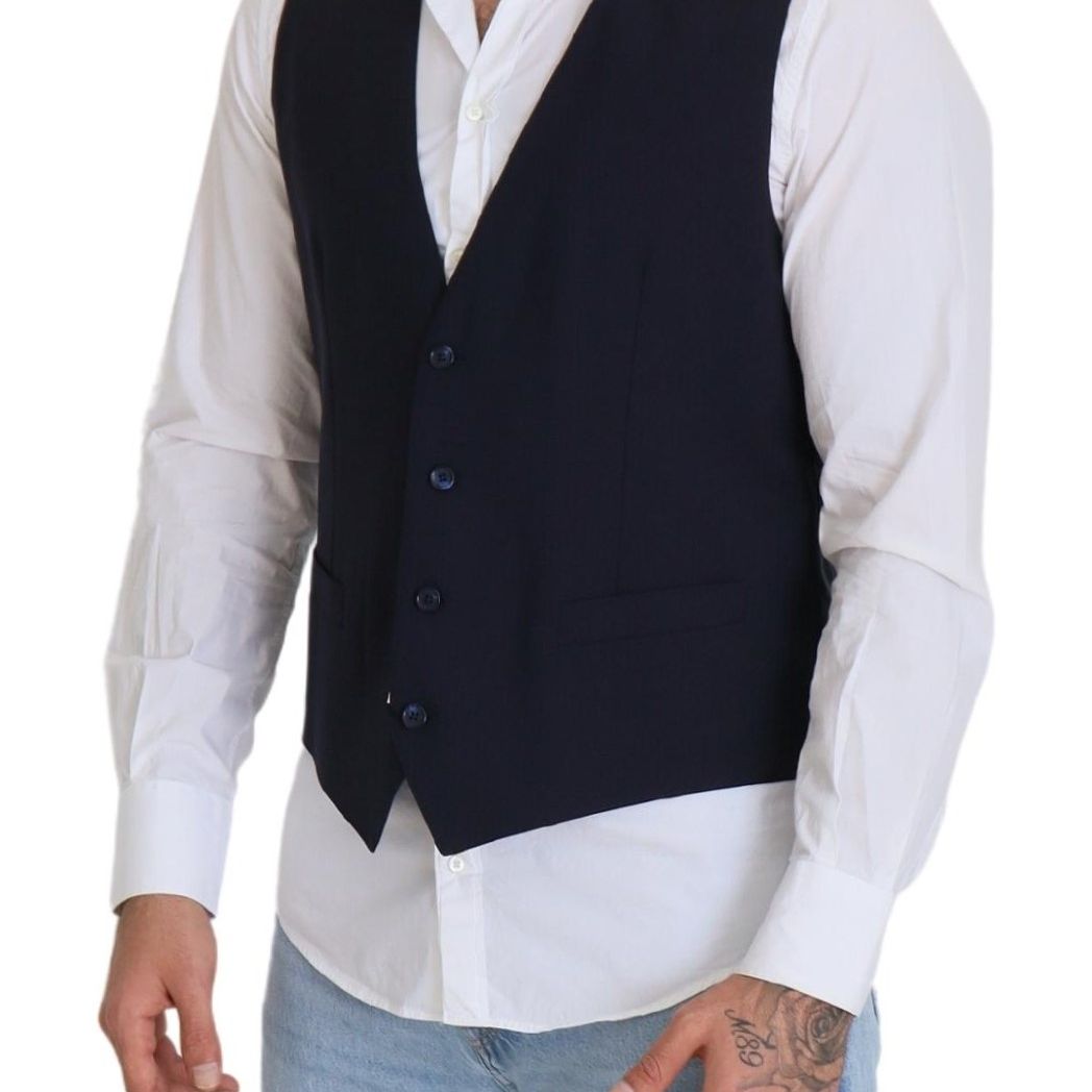Dolce & Gabbana Dark Blue Wool Stretch Waistcoat Formal Vest
