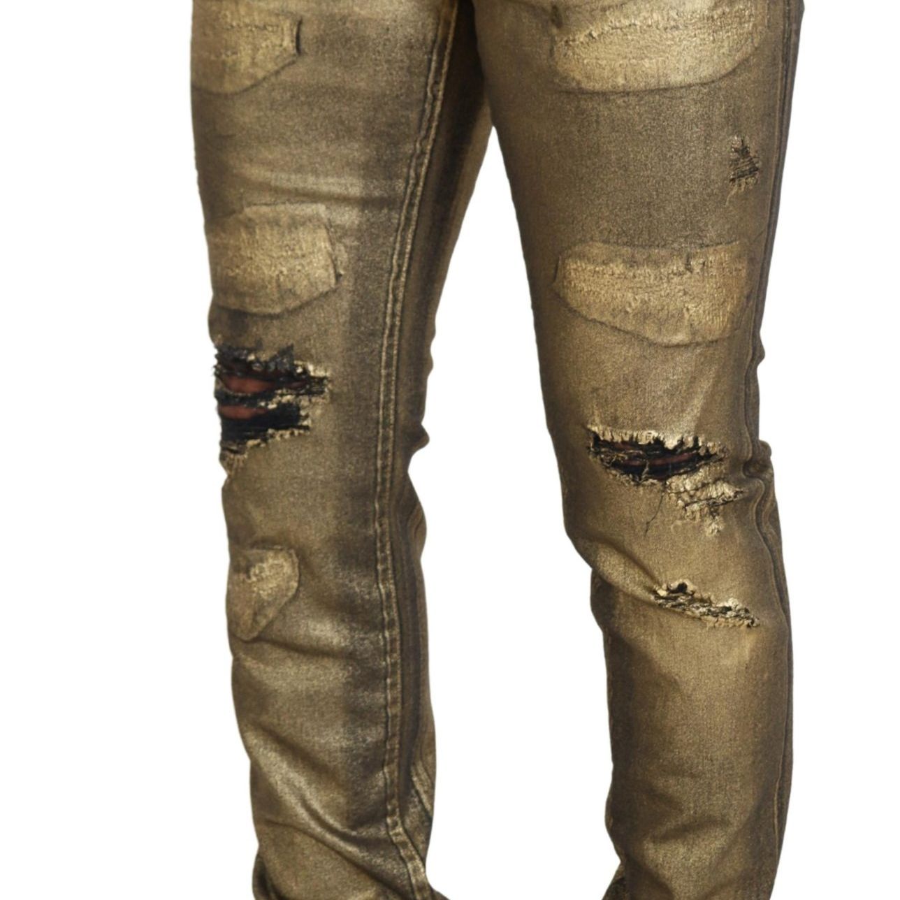 Dolce & Gabbana Gold Cotton Tattered Skinny Men Denim Jeans