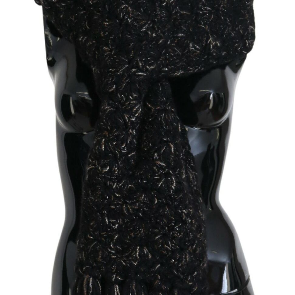 Dolce & Gabbana Black Wool Knitted Wrap Foulard Fringe Scarf
