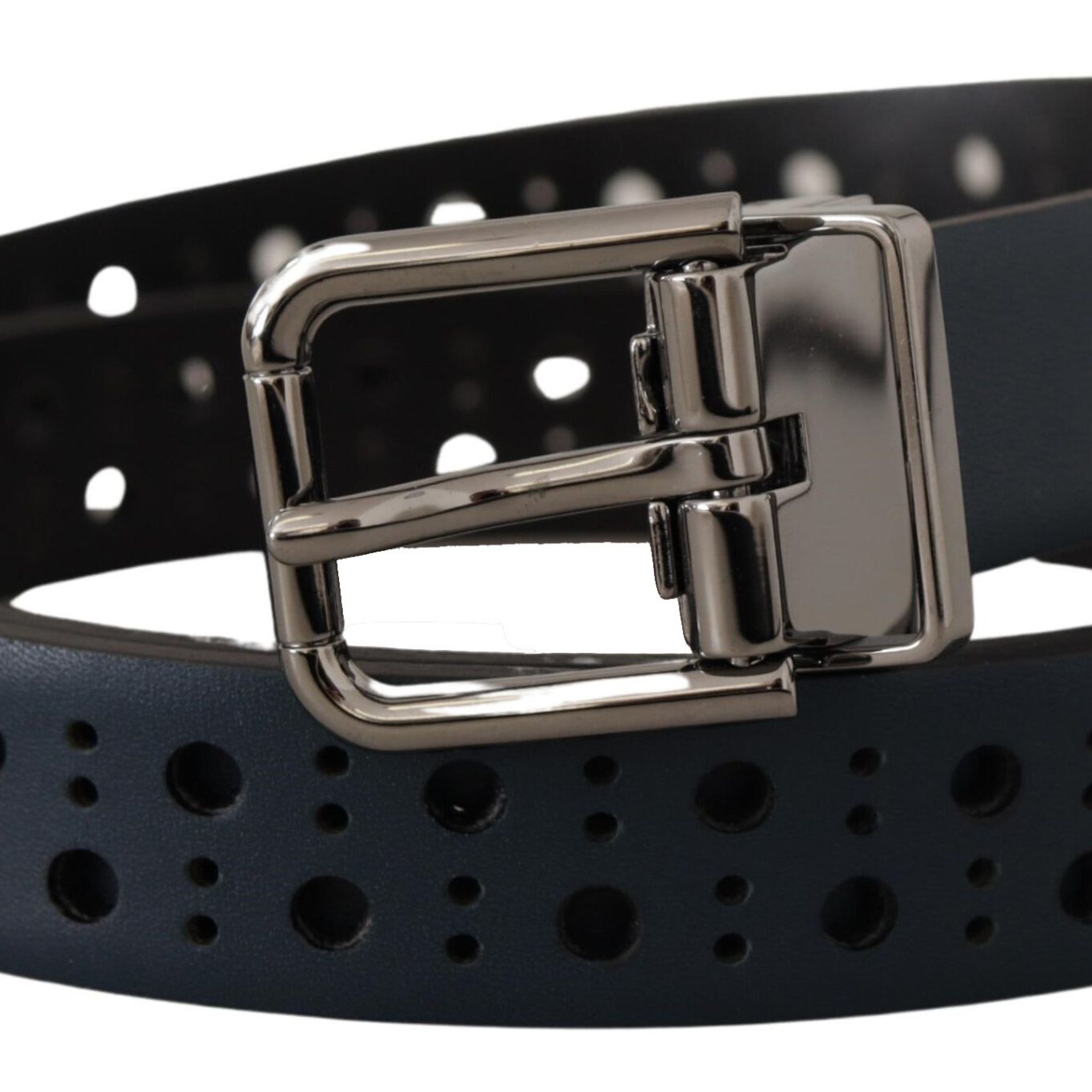 Dolce & Gabbana Navy Blue Perforated Leather Skinny Metal Buckle Belt