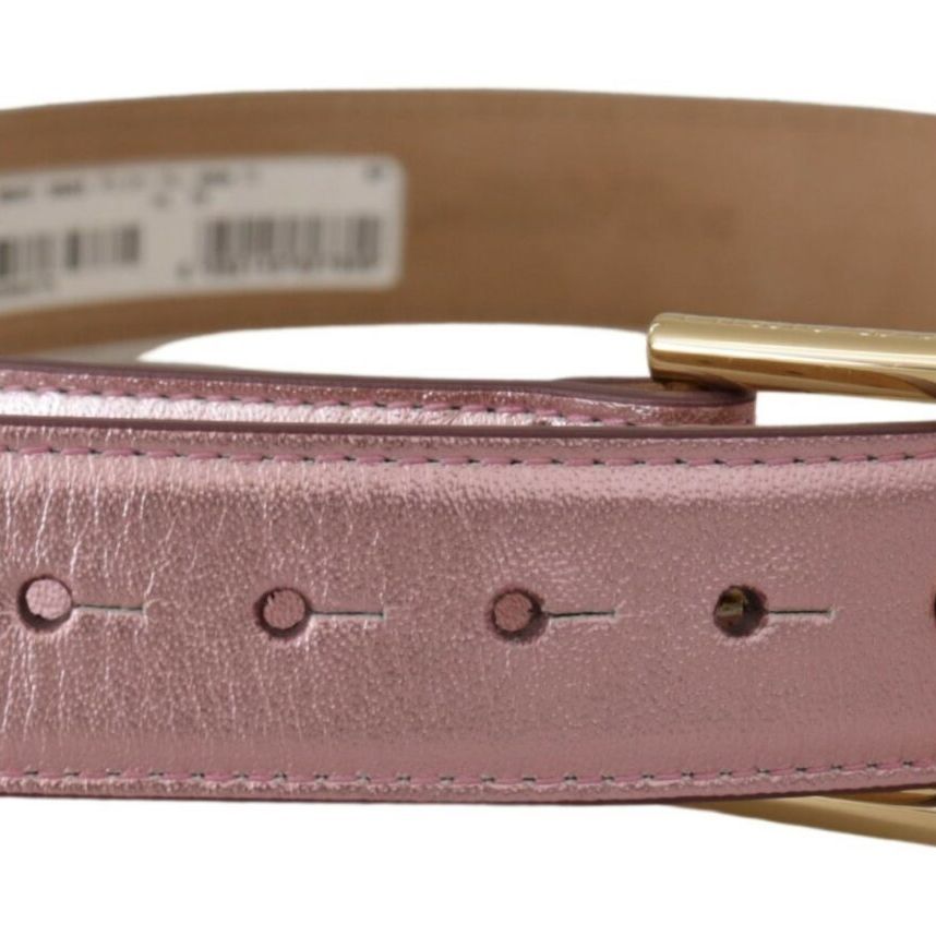 Dolce & Gabbana Metallic Pink Polished Leather Logo Metal Buckle Belt