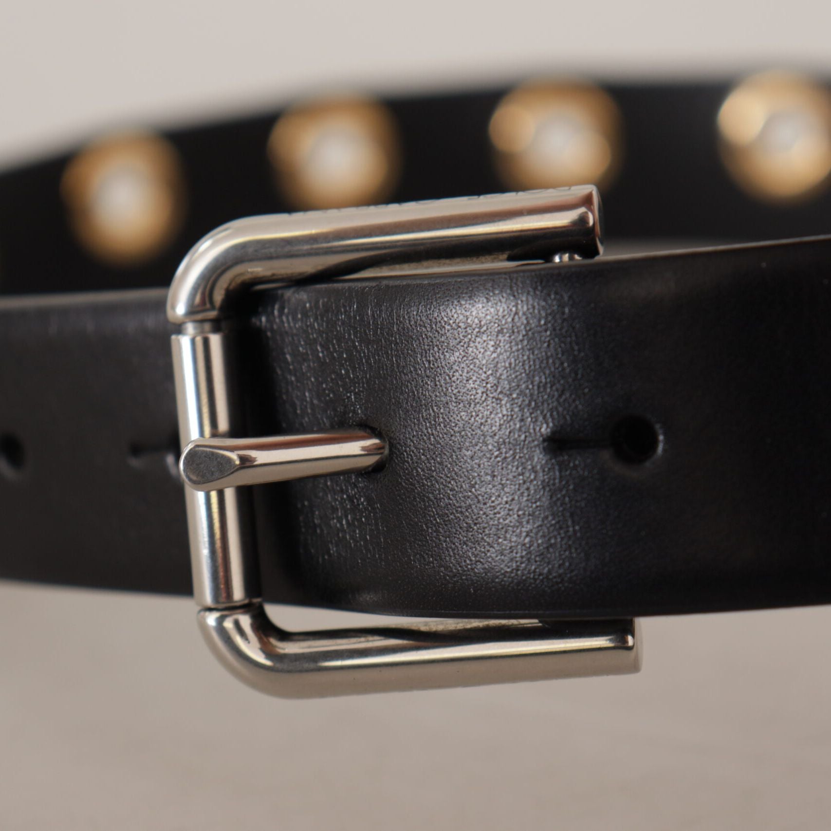 Dolce & Gabbana Black Leather Eyelet Silver Tone Metal Buckle Belt