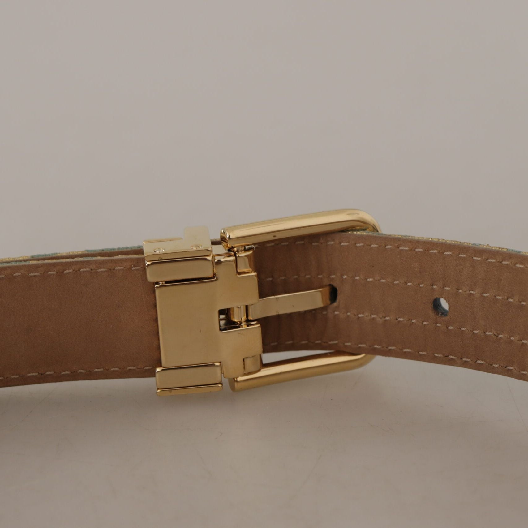 Dolce & Gabbana Blue Leather Jacquard Embossed Gold Metal Buckle Belt