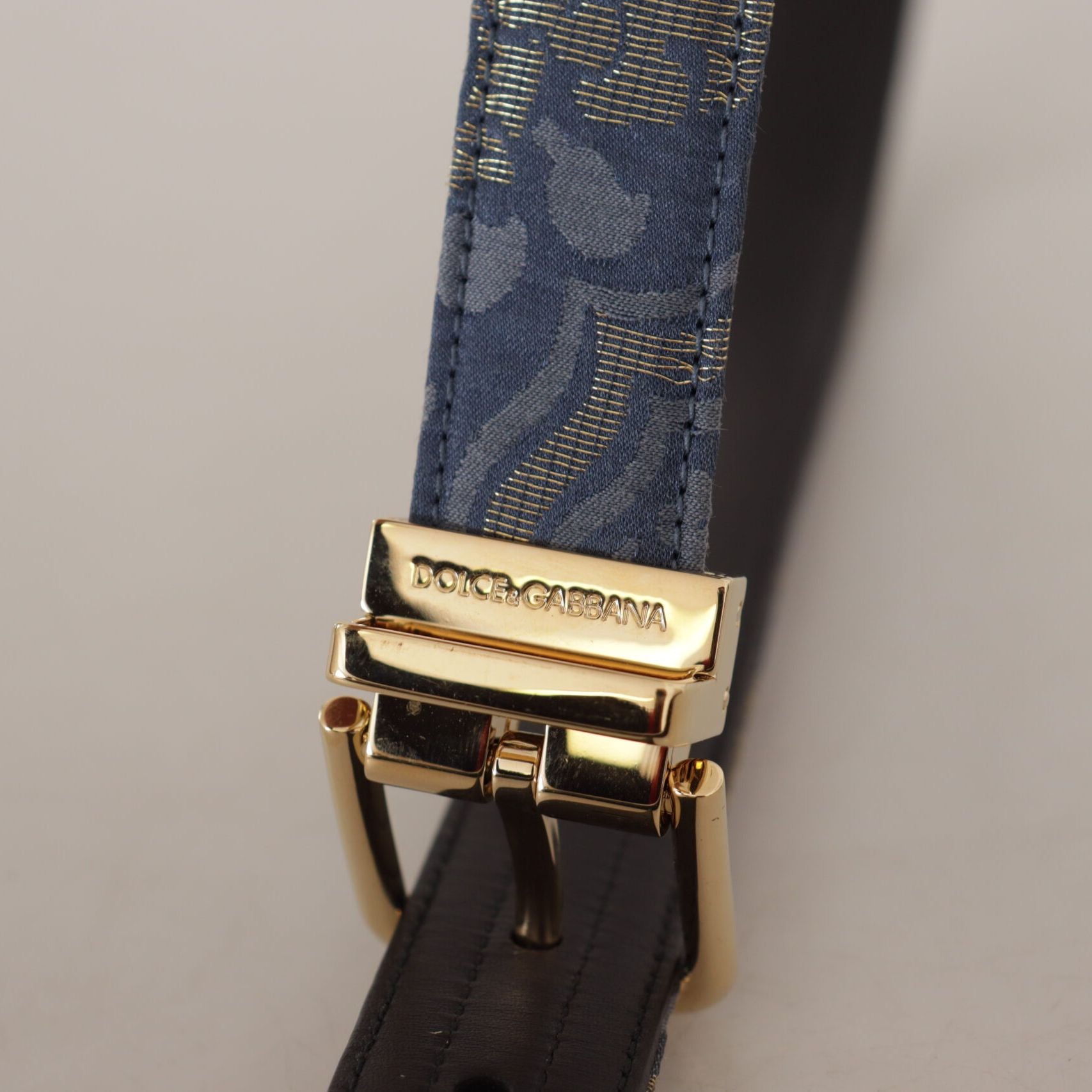 Dolce & Gabbana Navy Blue Jacquard Gold Tone Logo Metal Buckle Belt