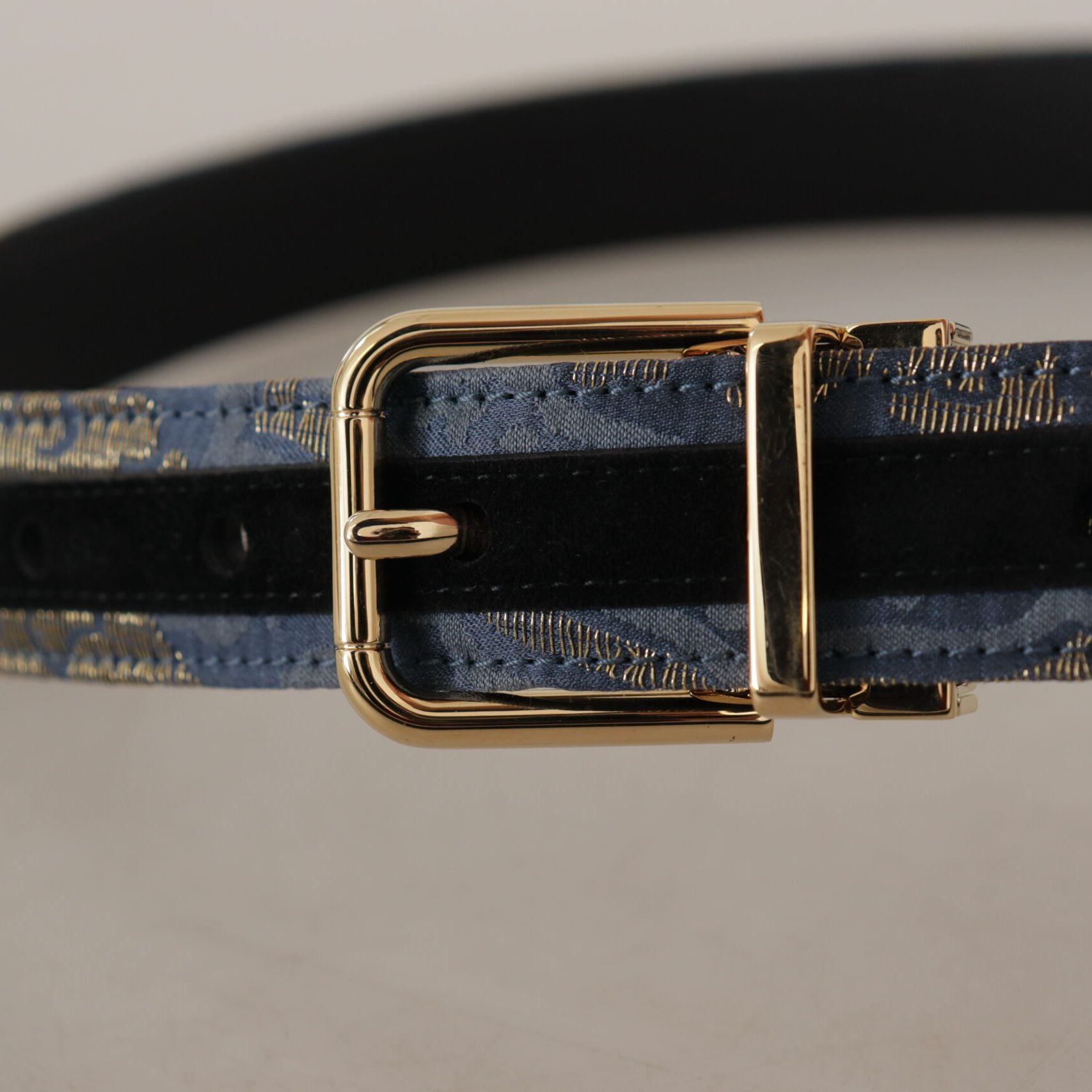 Dolce & Gabbana Navy Blue Jacquard Gold Tone Logo Metal Buckle Belt