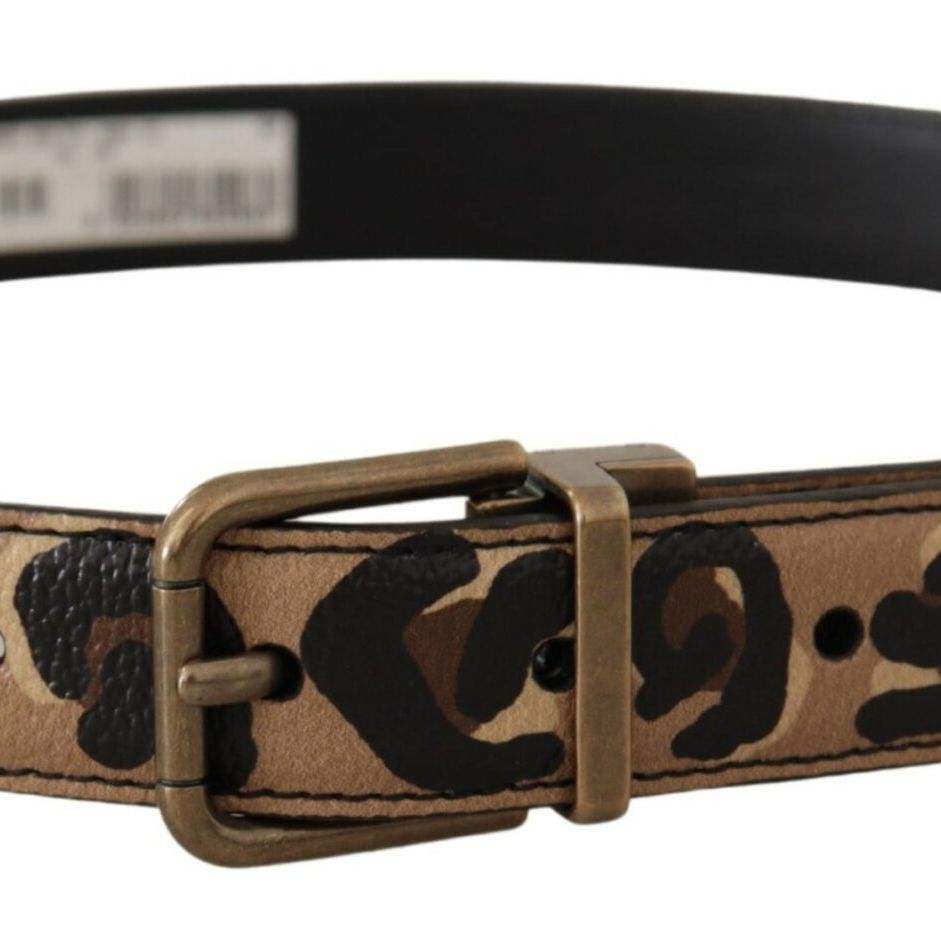Dolce & Gabbana Brown Leather Leopard Print Bronze Metal Buckle Belt