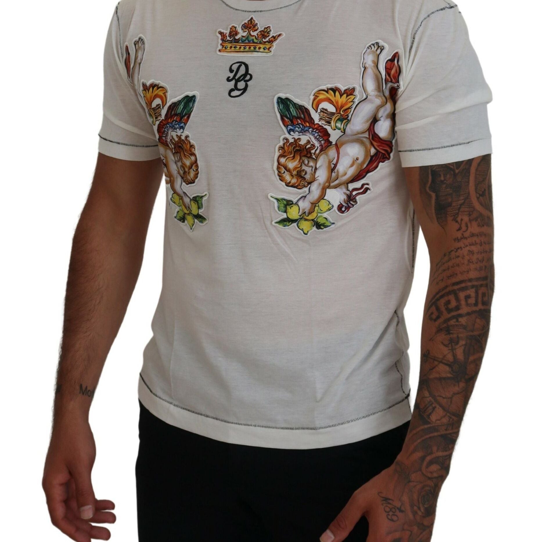 Dolce & Gabbana White Printed Short Sleeves Men T-shirt