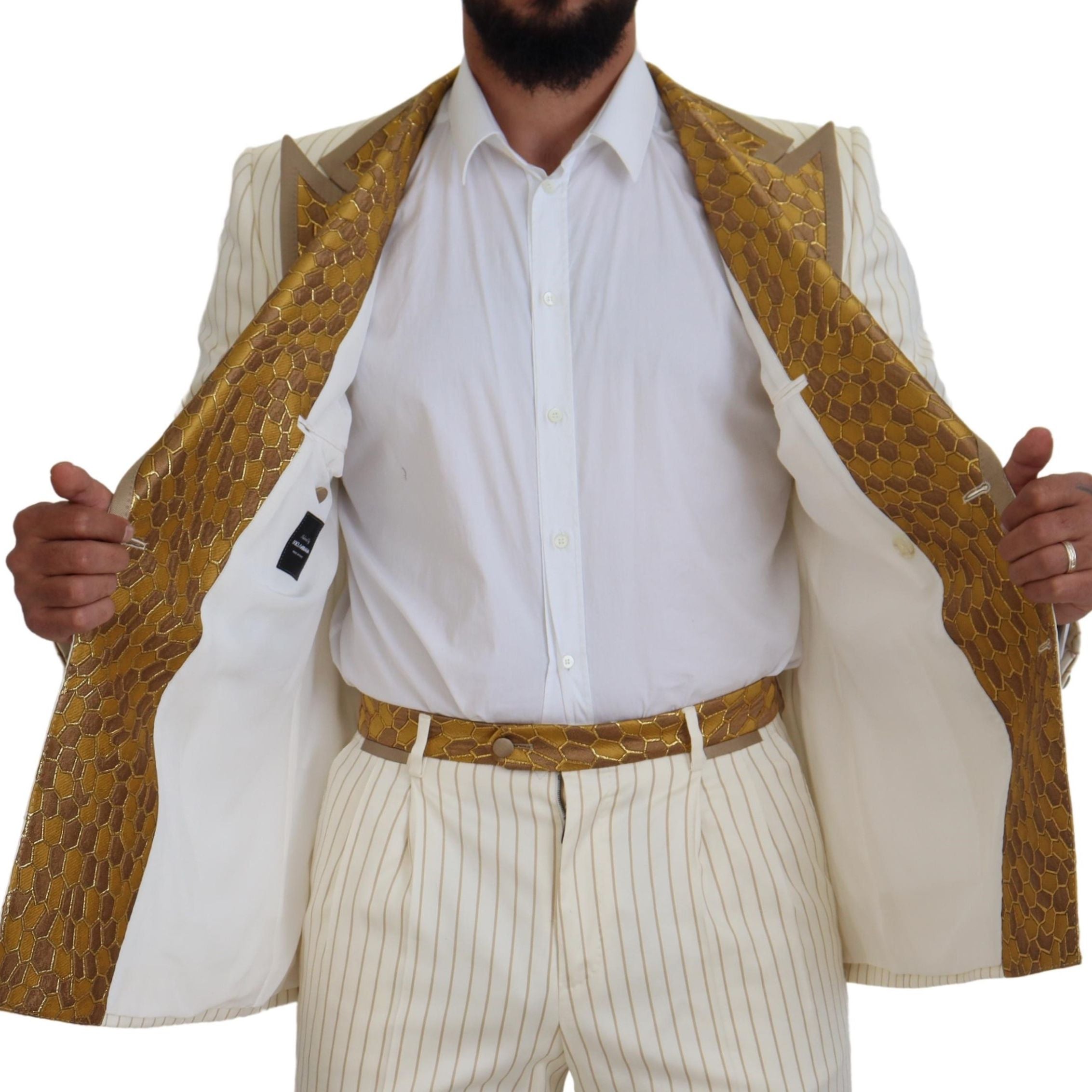 Dolce & Gabbana Off White Gold Striped Tuxedo Slim Fit Suit