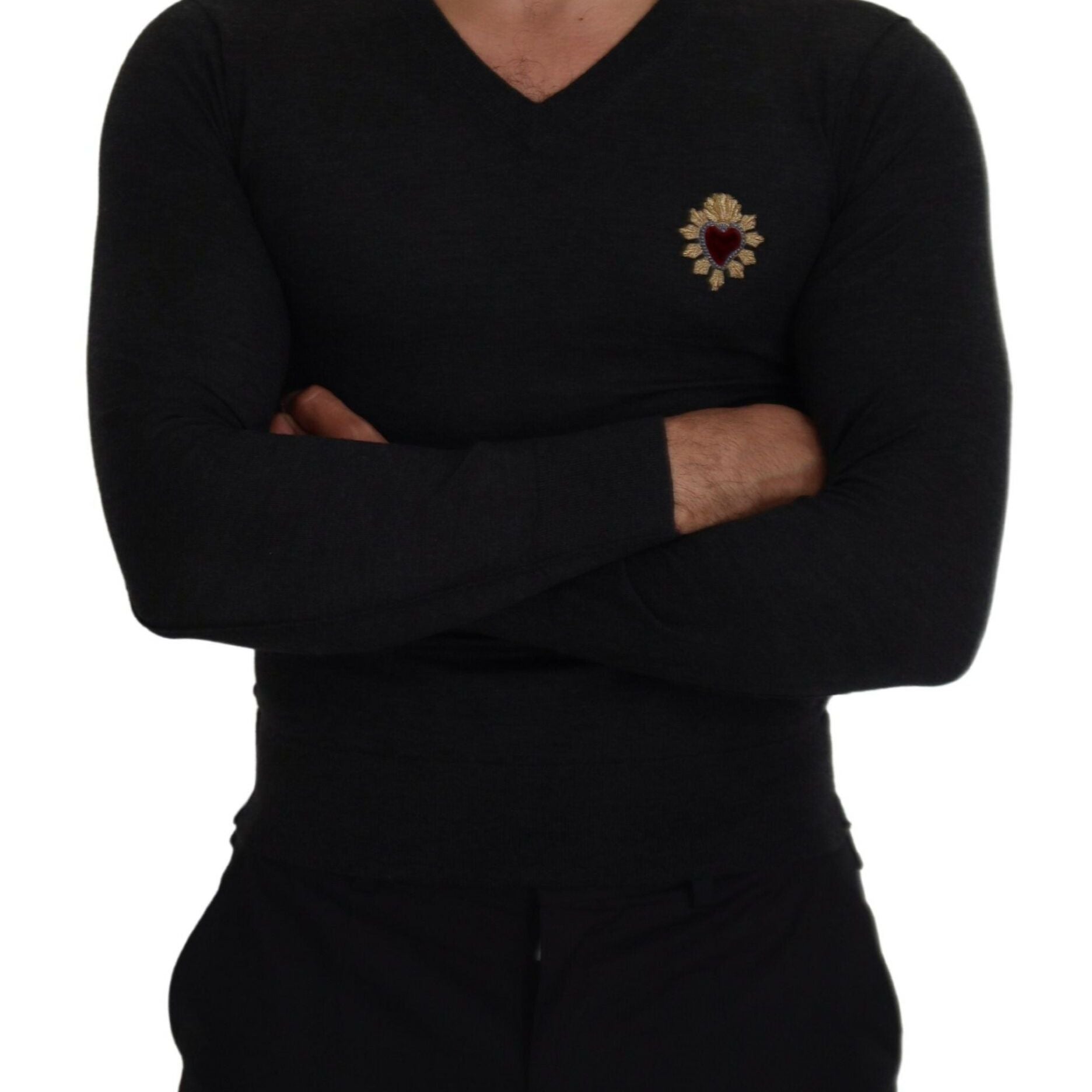Dolce & Gabbana Gray Cashmere V-neck Gold Heart Sweater
