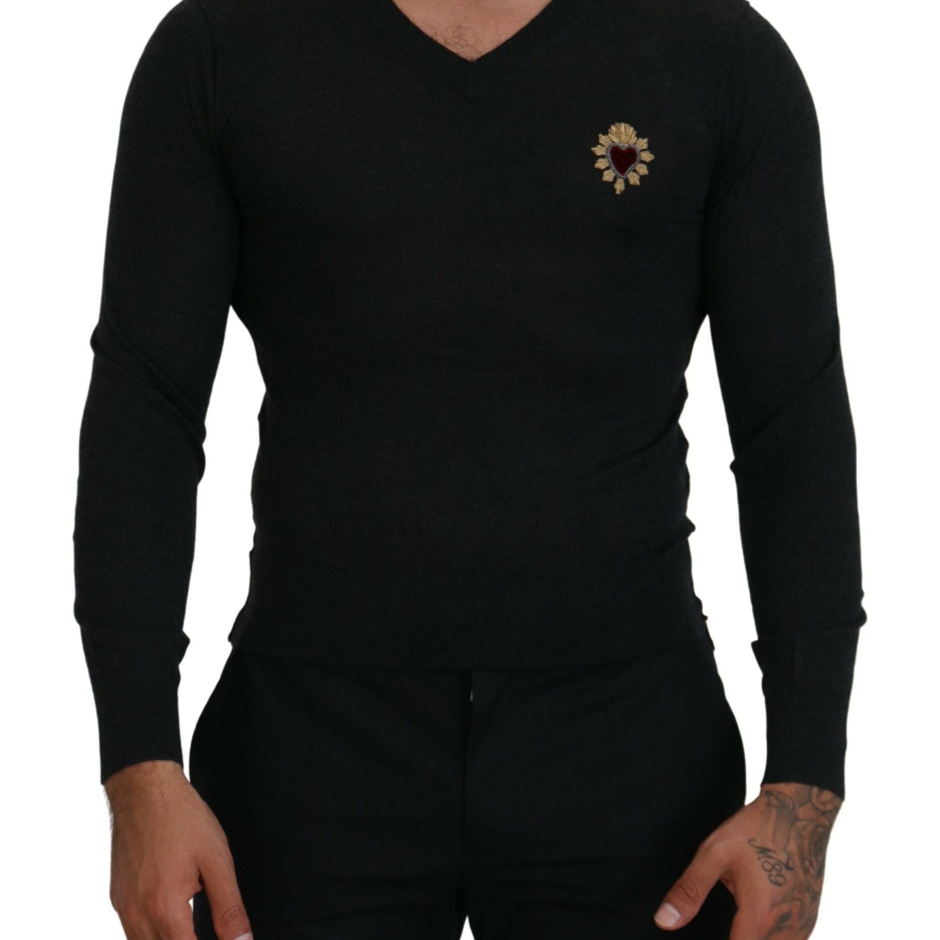 Dolce & Gabbana Gray Cashmere V-neck Gold Heart Sweater