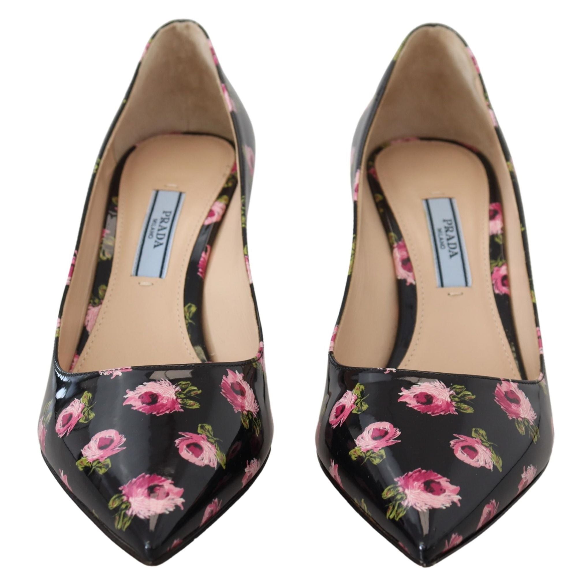 Prada Black Leather Floral Heels Stilettos Pumps