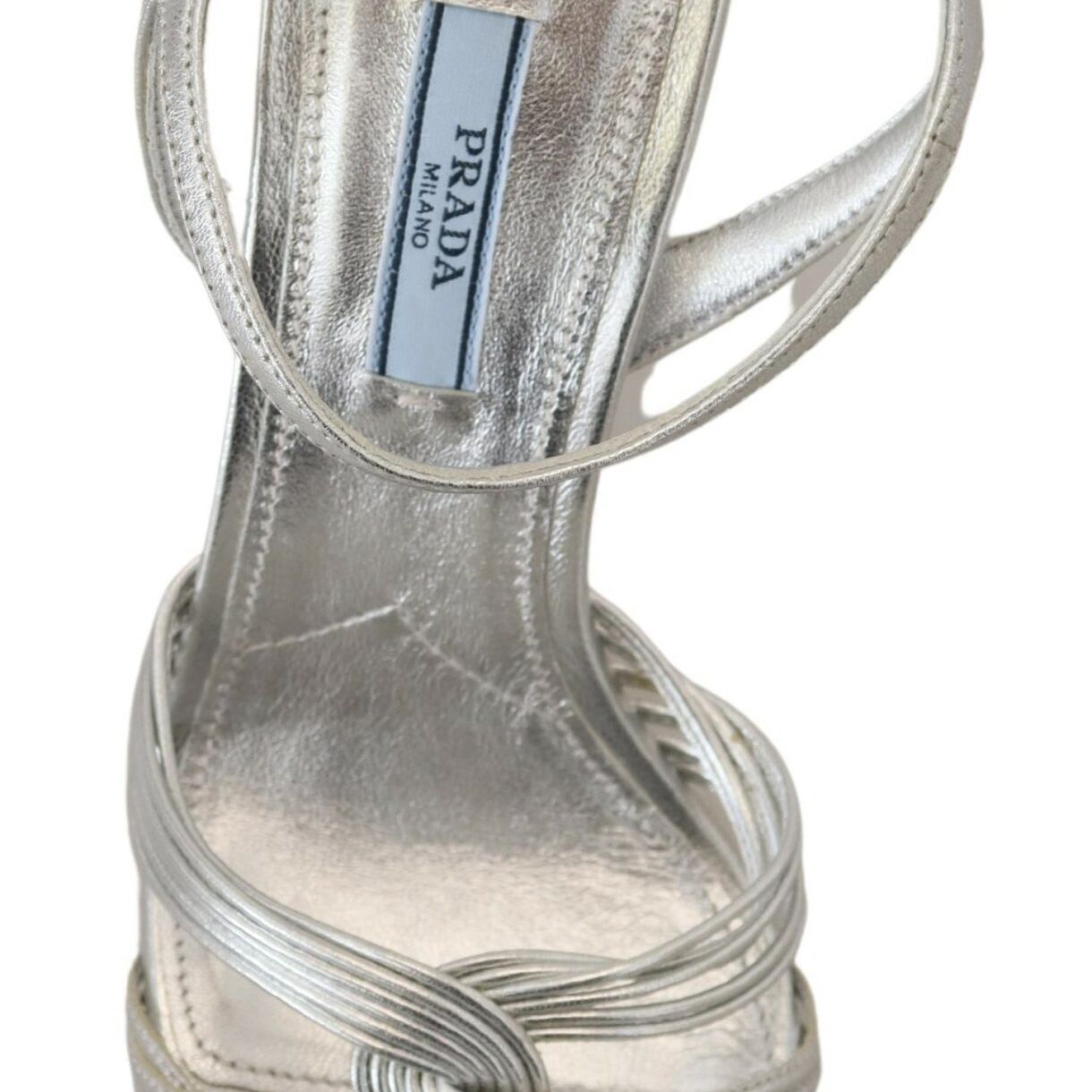 Prada Silver Leather Sandals Ankle Strap Heels Stiletto