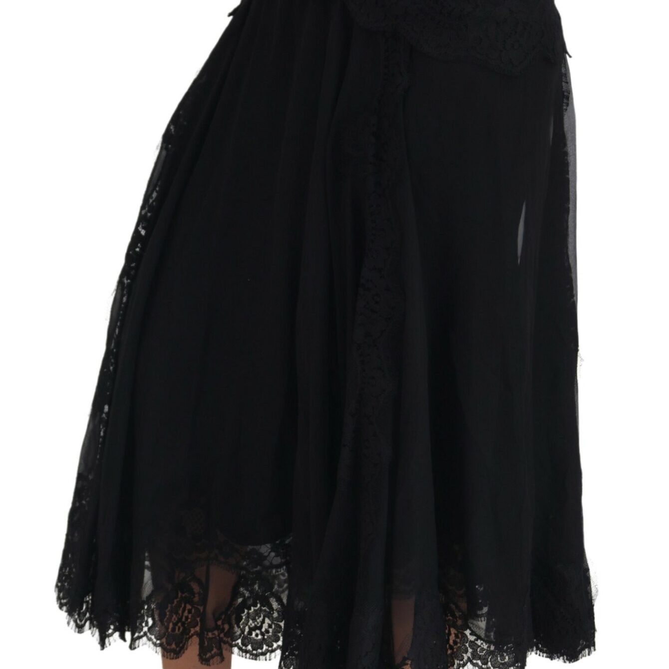 Dolce & Gabbana Black Silk Lace Trim High Waist Midi Skirt