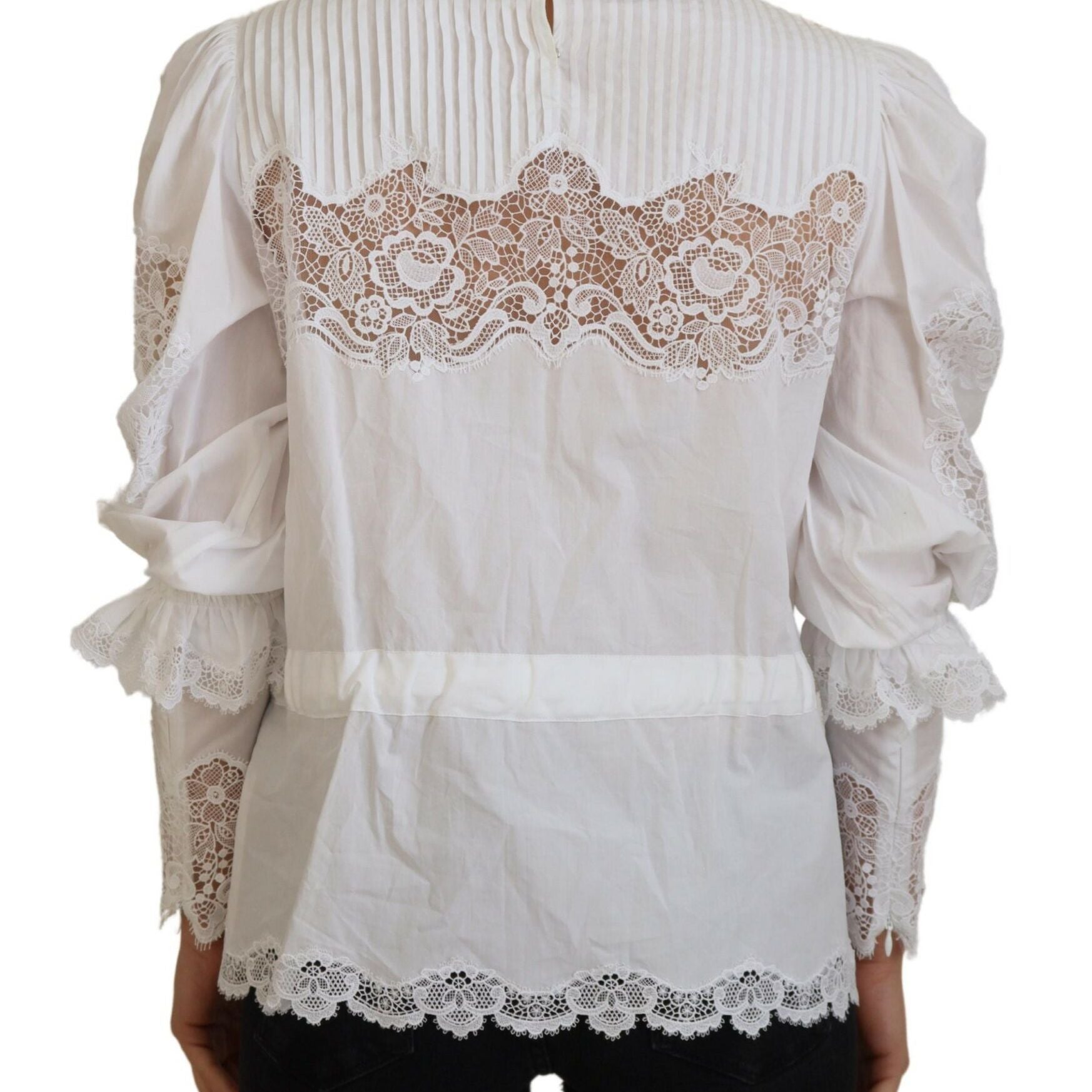 Dolce & Gabbana White Cotton Lace Trim Turtle Neck Blouse Top