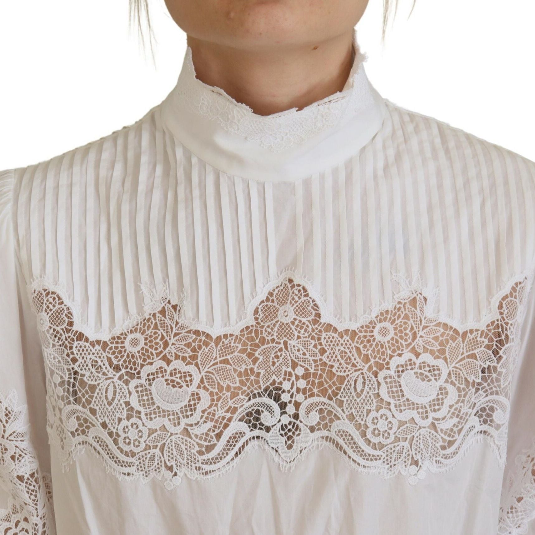 Dolce & Gabbana White Cotton Lace Trim Turtle Neck Blouse Top