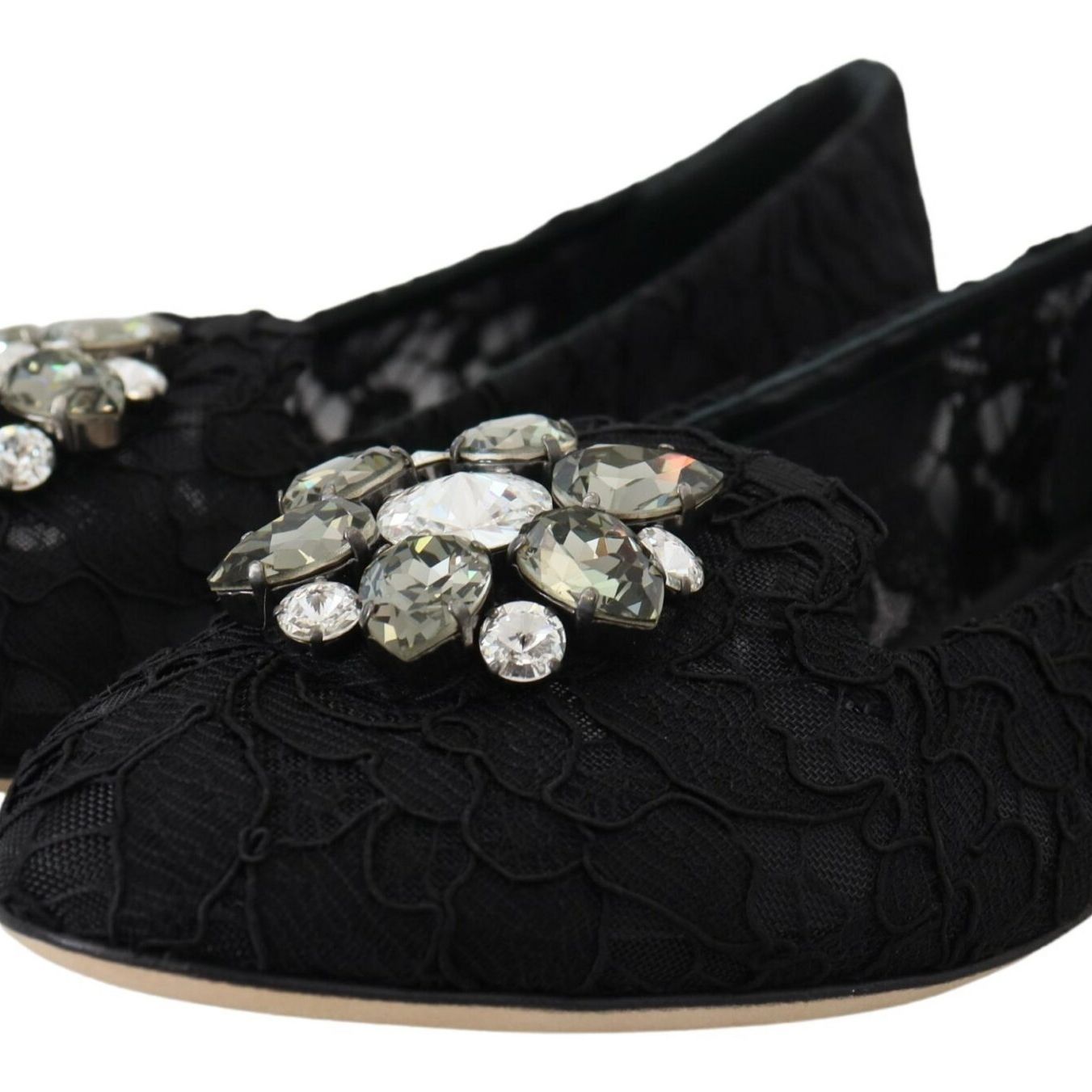 Dolce & Gabbana Black Taormina Lace Crystals Flats Shoes