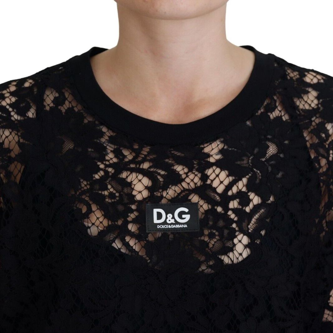 Dolce & Gabbana Black Floral Lace Cotton Shift Mini Dress