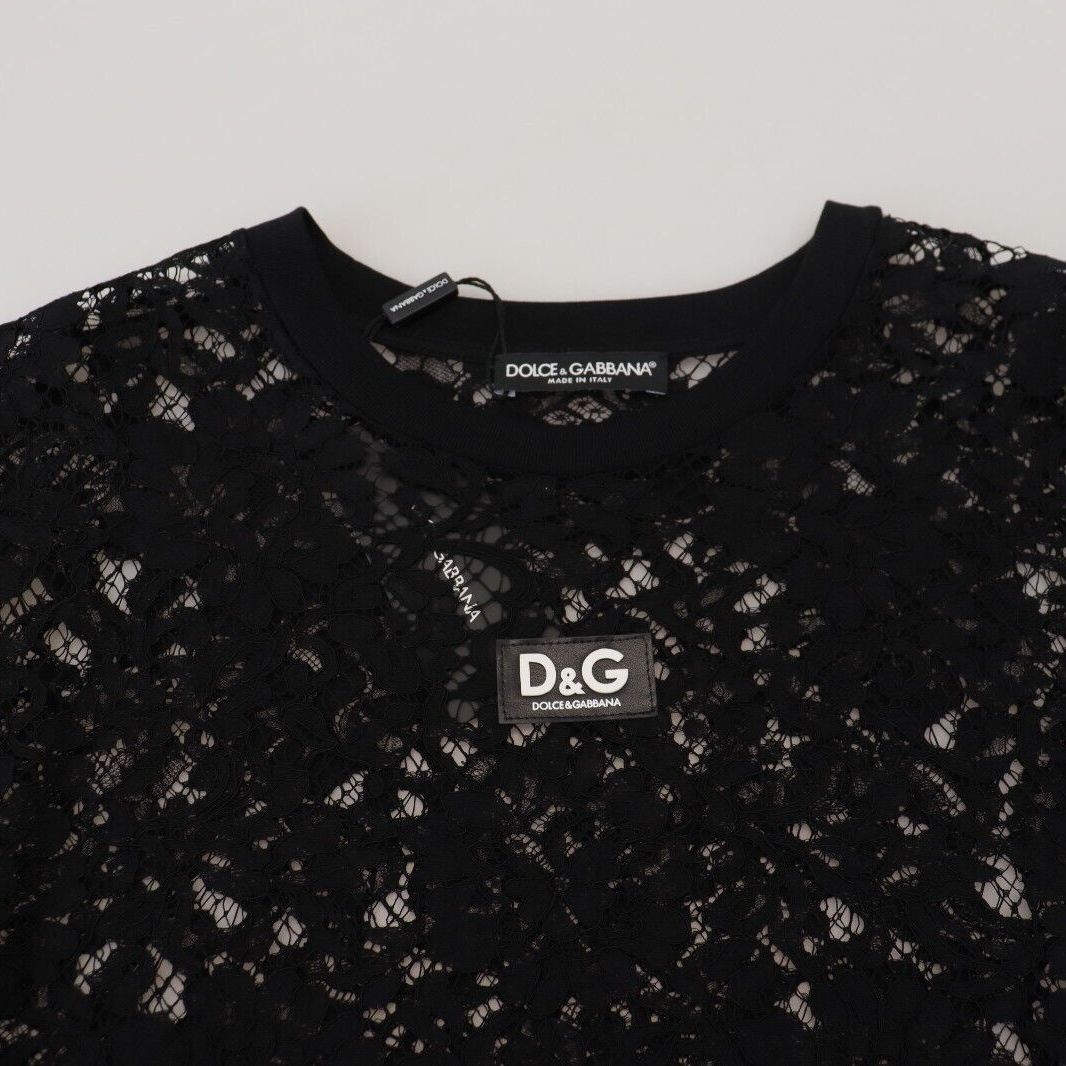 Dolce & Gabbana Black Floral Lace Cotton Shift Mini Dress
