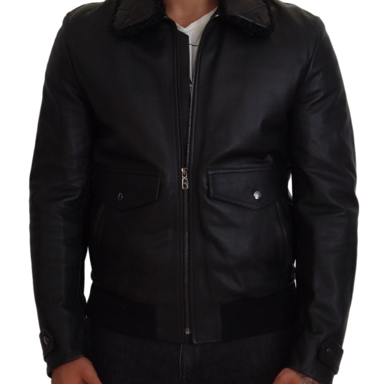 Dolce & Gabbana Black Lamb Leather Collared Men Coat Jacket