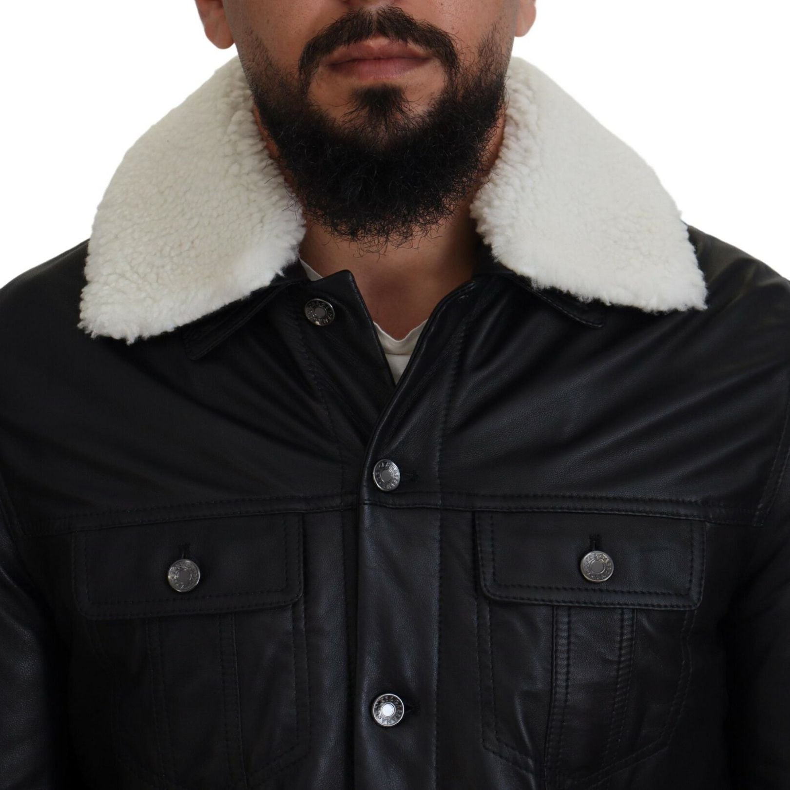 Dolce & Gabbana Black Lamb Leather Collared Men Coat Jacket
