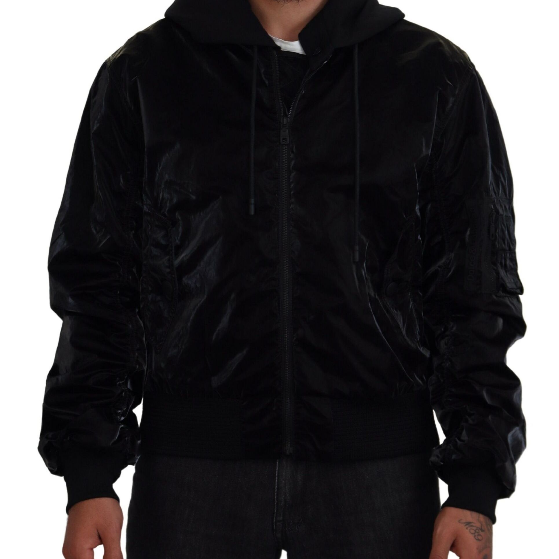 Dolce & Gabbana Black Nylon Hooded Full Zip Bomber Jacket