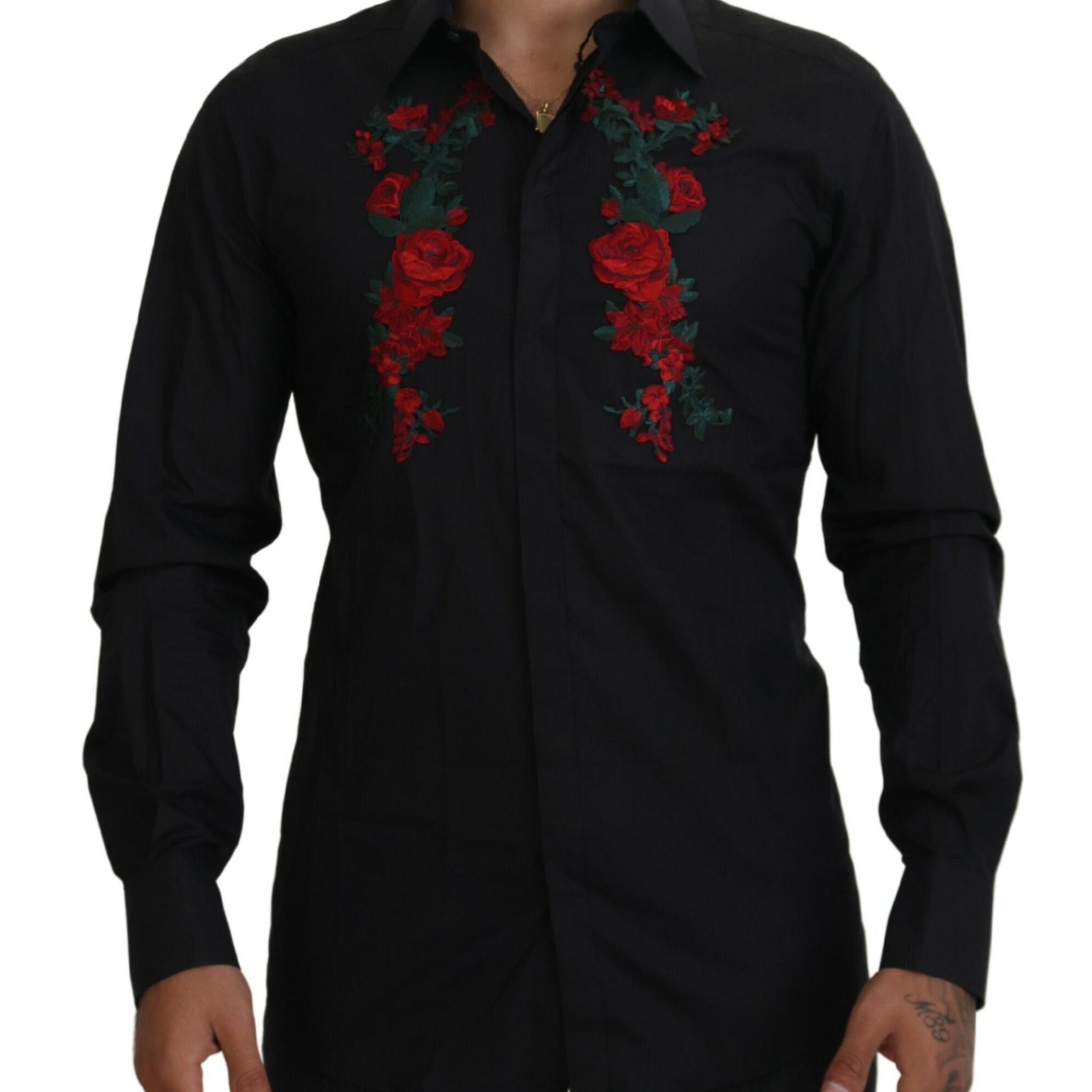 Dolce & Gabbana Black Floral Embroidery Men Long Sleeves GOLD Shirt