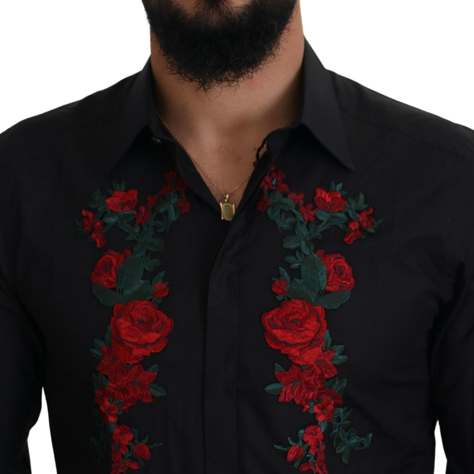 Dolce & Gabbana Black Floral Embroidery Men Long Sleeves GOLD Shirt
