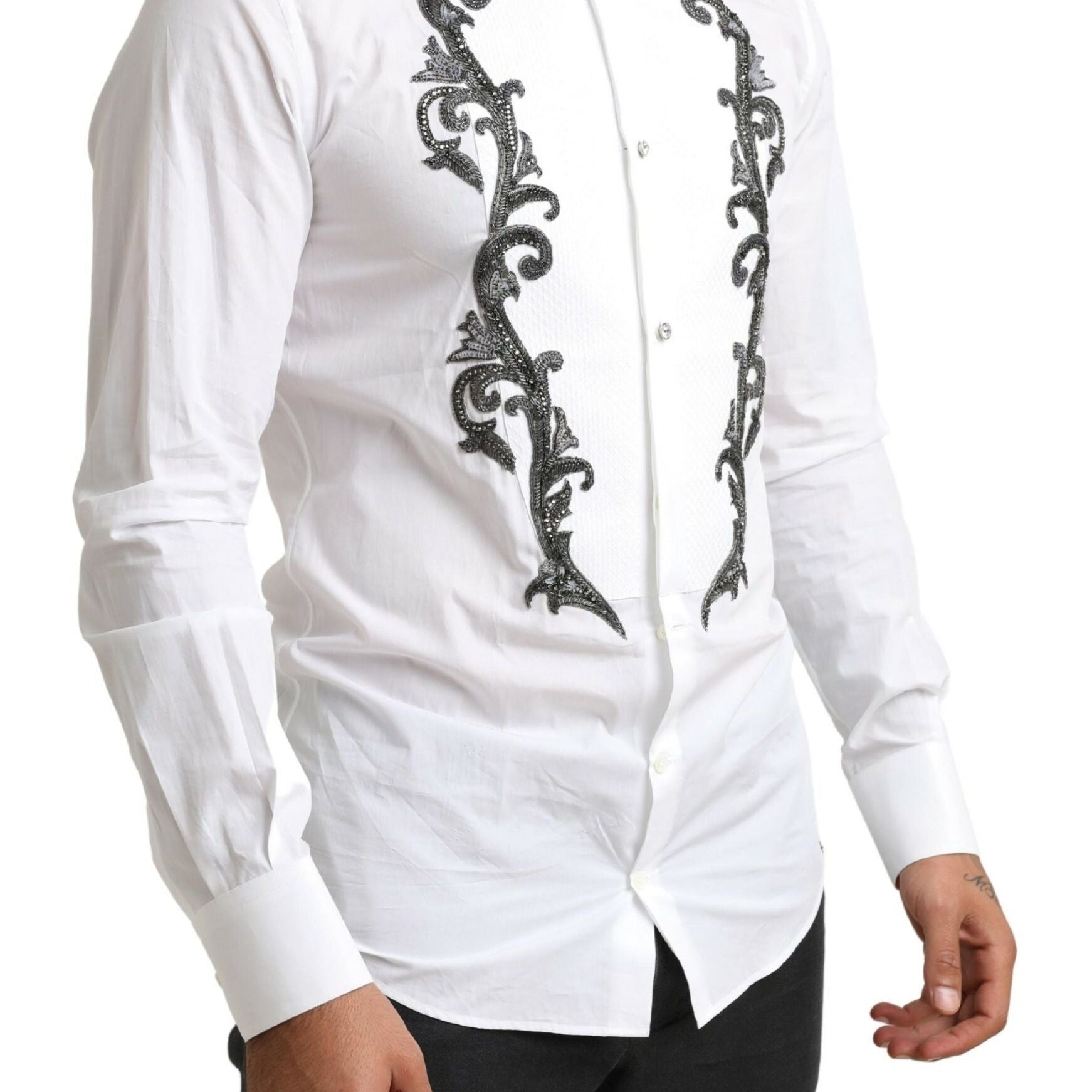 Dolce & Gabbana White Tuxedo Slim Fit Baroque Shirt