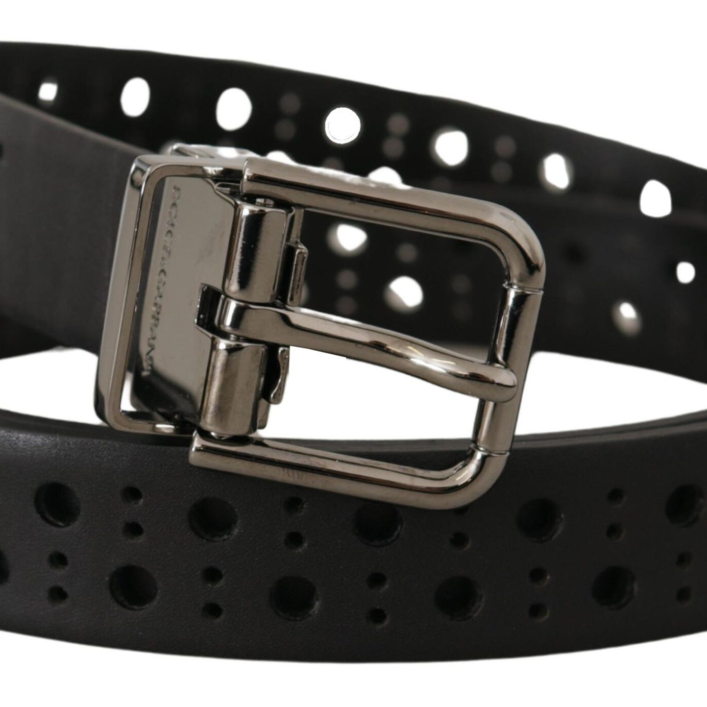 Dolce & Gabbana Black Calf Leather Perforated Metal Buckle Belt