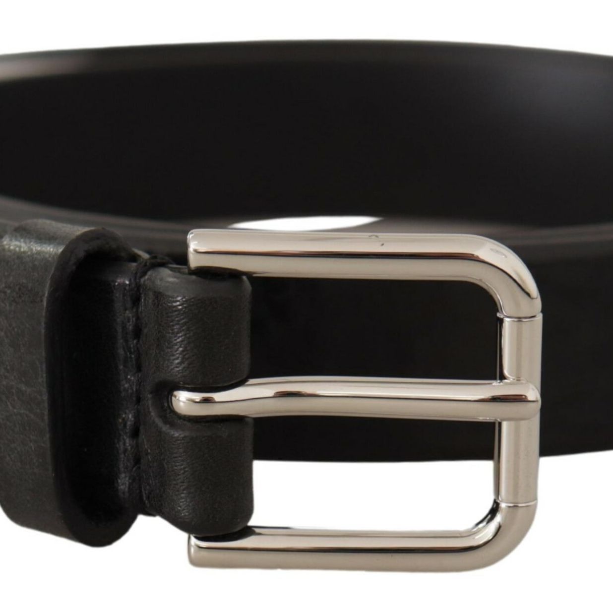 Dolce & Gabbana Black Calf Leather Silver Tone Logo Metal Buckle Belt