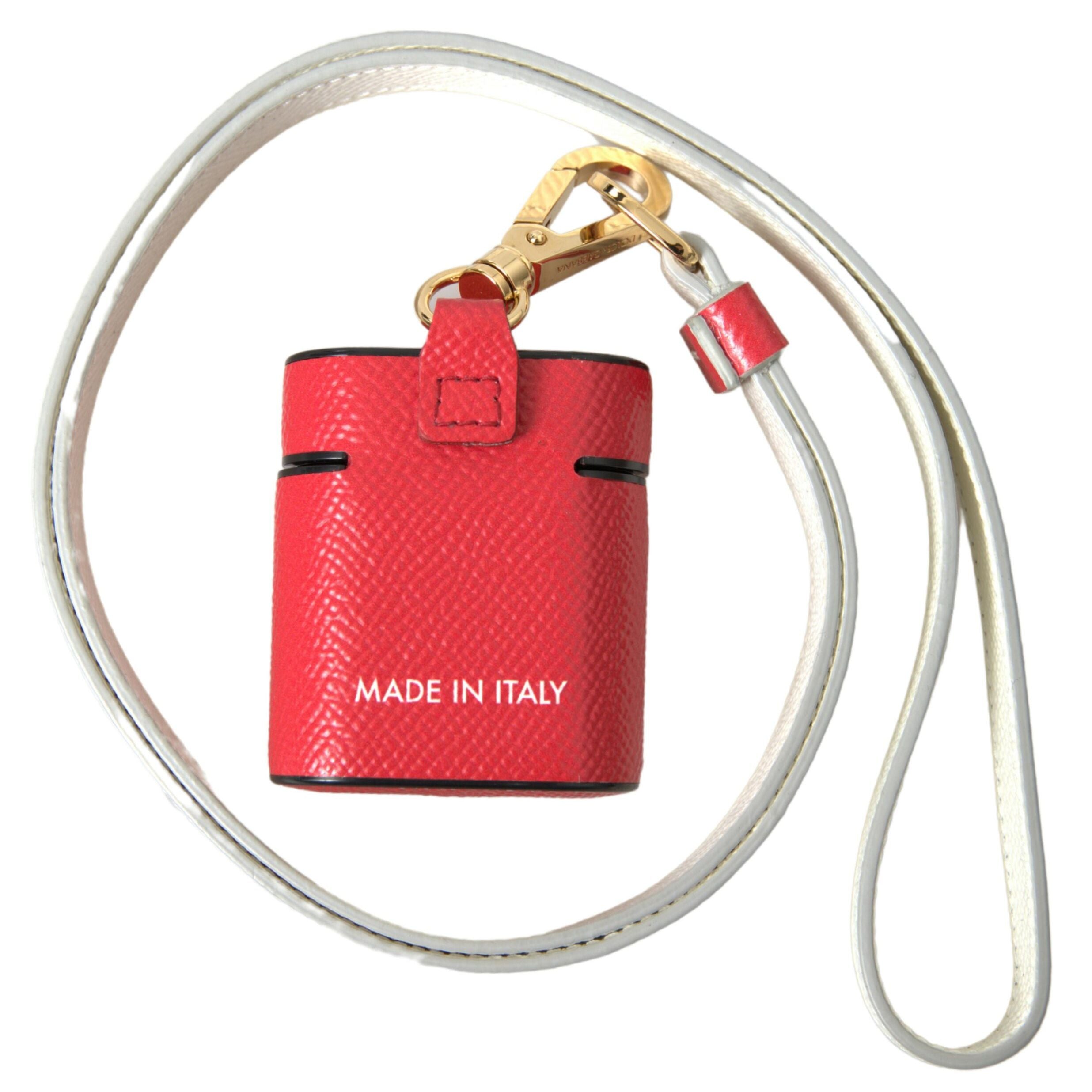 Dolce & Gabbana Red Leather Gold Tone Metal Logo Print Strap Airpods Case