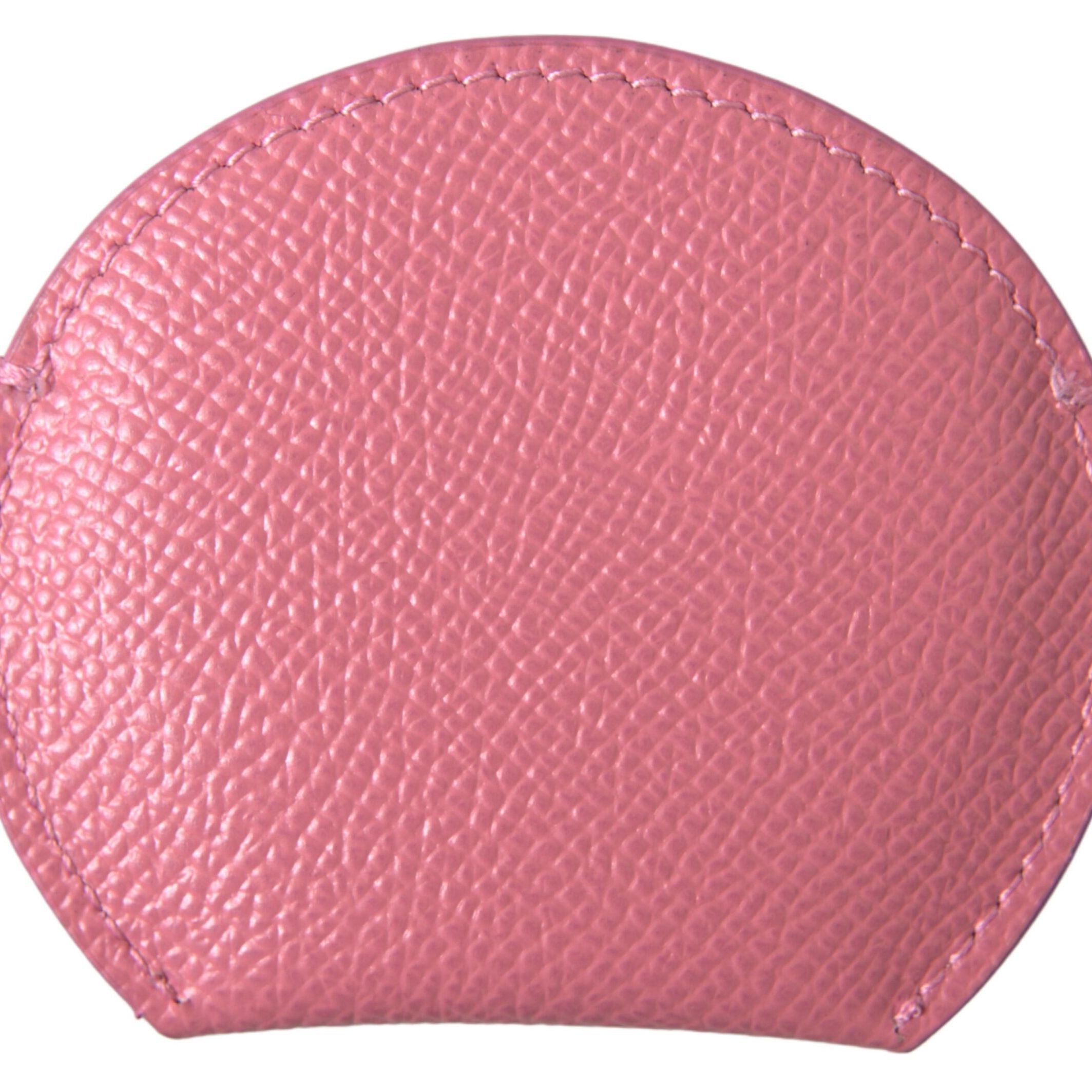 Dolce & Gabbana Pink Calfskin Leather Round Logo Print Hand Mirror Holder