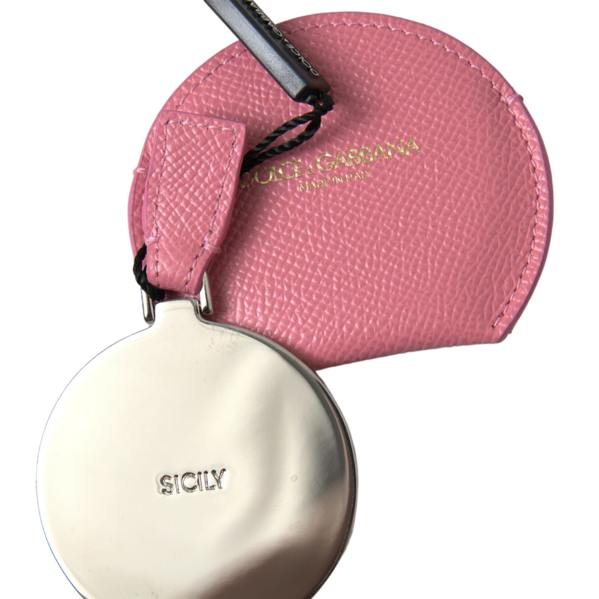 Dolce & Gabbana Pink Calfskin Leather Round Logo Print Hand Mirror Holder