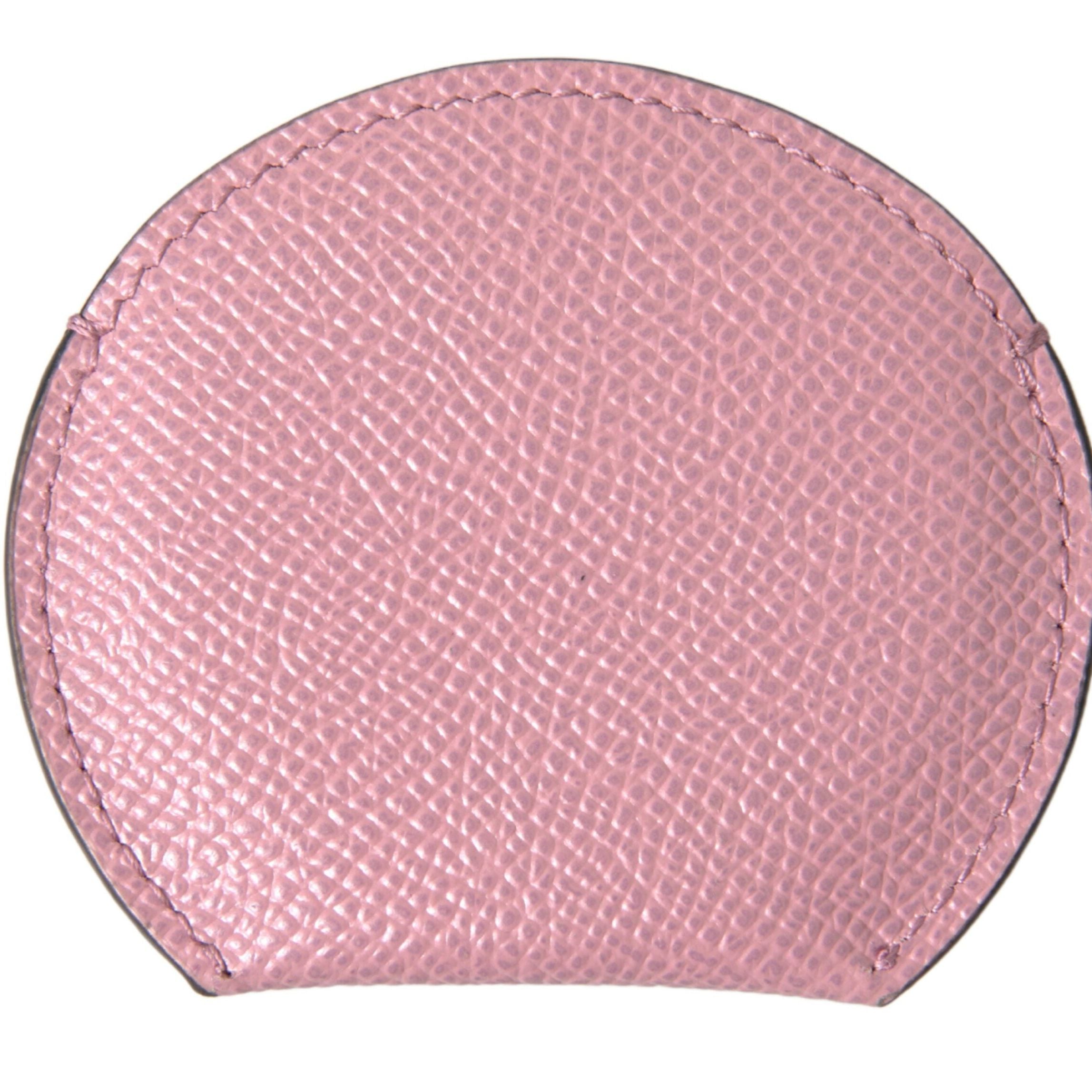 Dolce & Gabbana Pink Calfskin Leather Round Logo Print Hand Mirror Holder